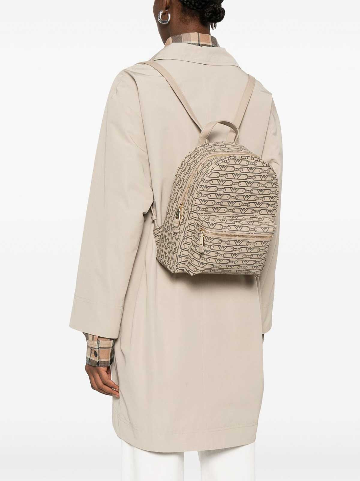 Emporio Armani Logo Print Backpack With Adjustable Straps In Sand