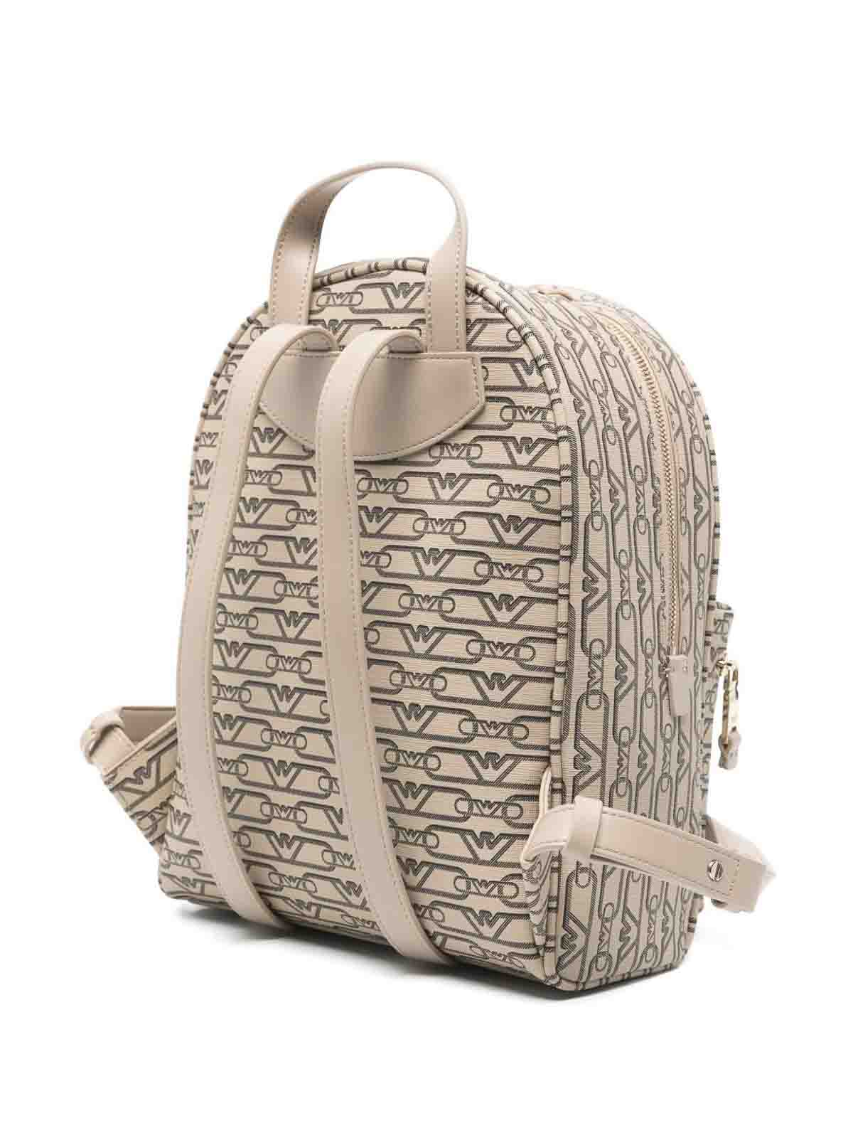 Emporio Armani Logo Print Backpack With Adjustable Straps In Sand