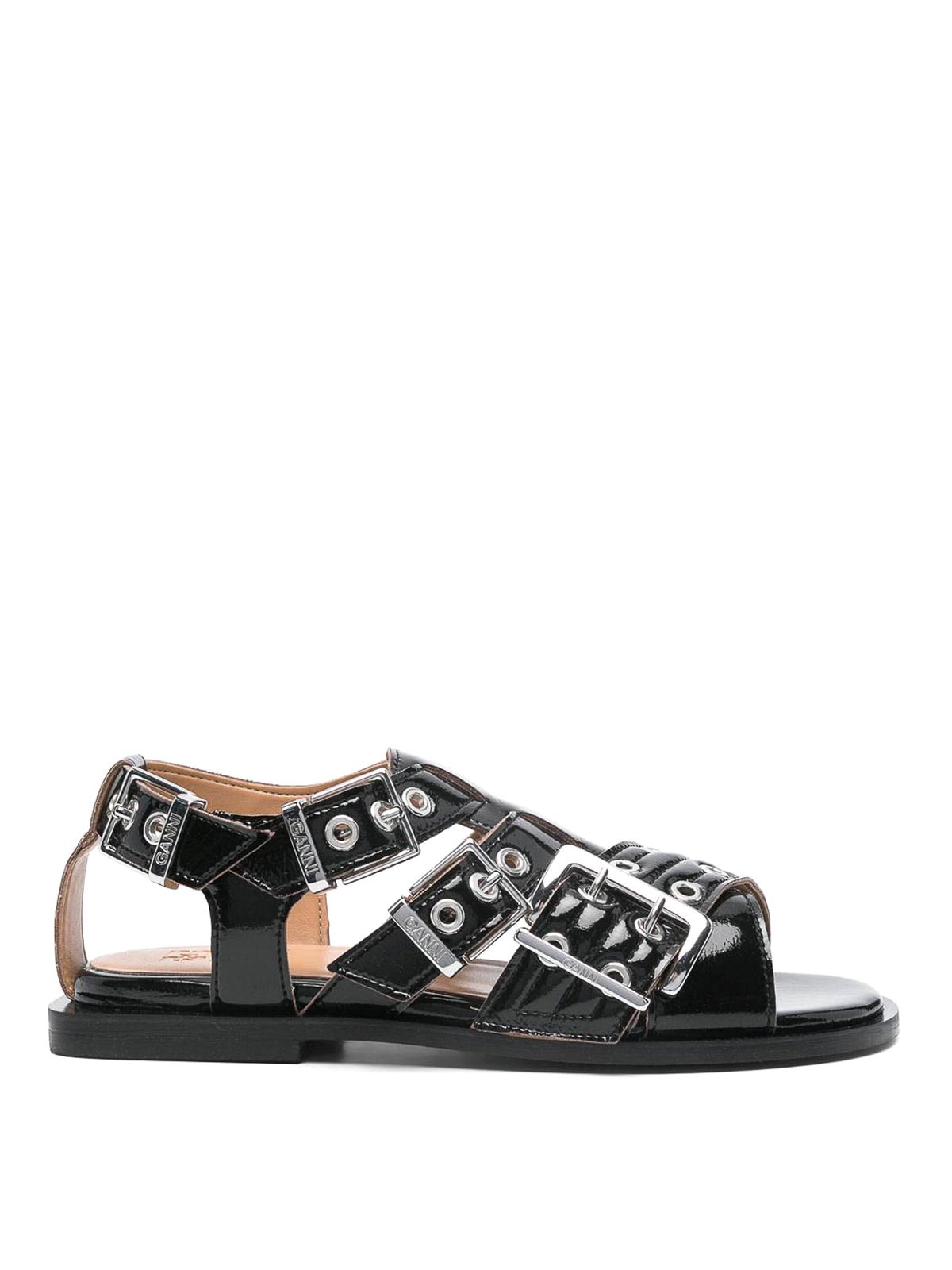 Ganni Buckle Sandals With Flat Sole And Metal Eyelets In Black