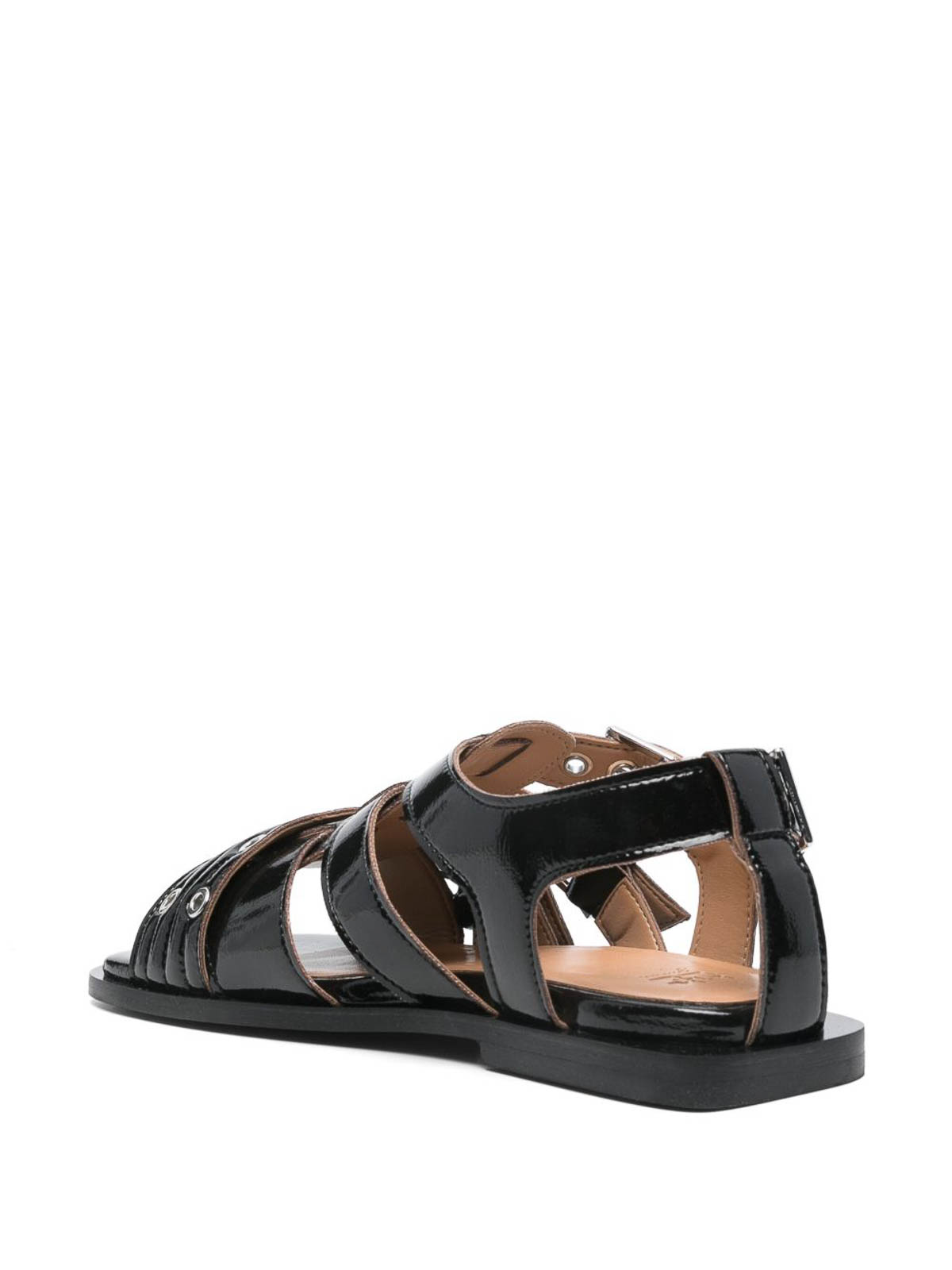 Ganni Buckle Sandals With Flat Sole And Metal Eyelets In Black