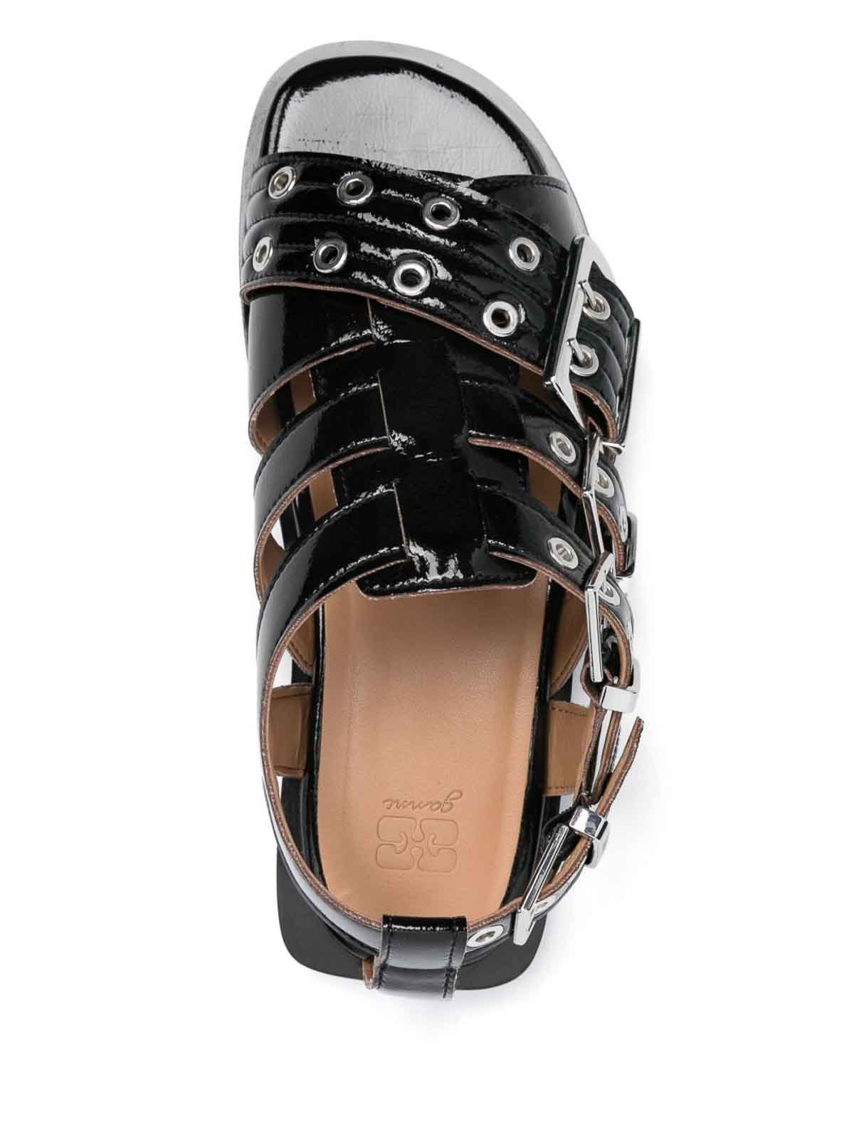 Ganni Buckle Sandals With Flat Sole And Metal Eyelets In Black
