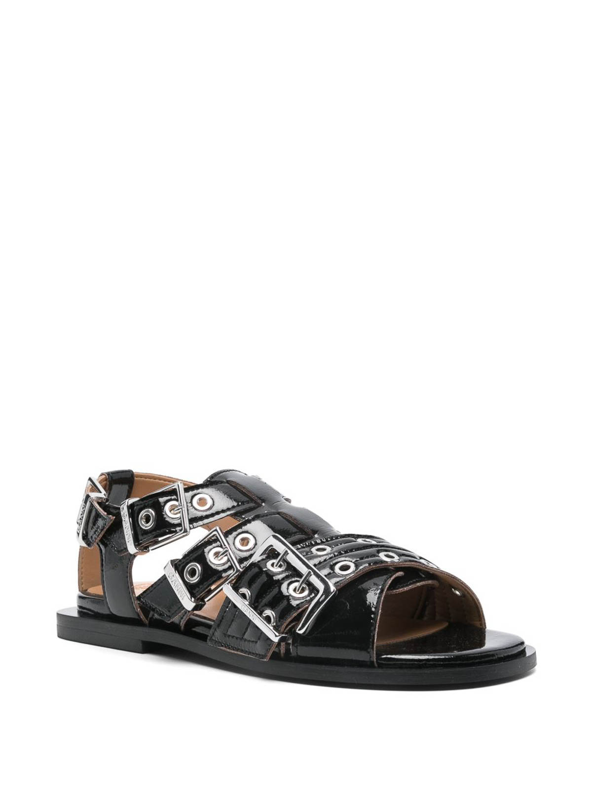 Ganni Buckle Sandals With Flat Sole And Metal Eyelets In Black