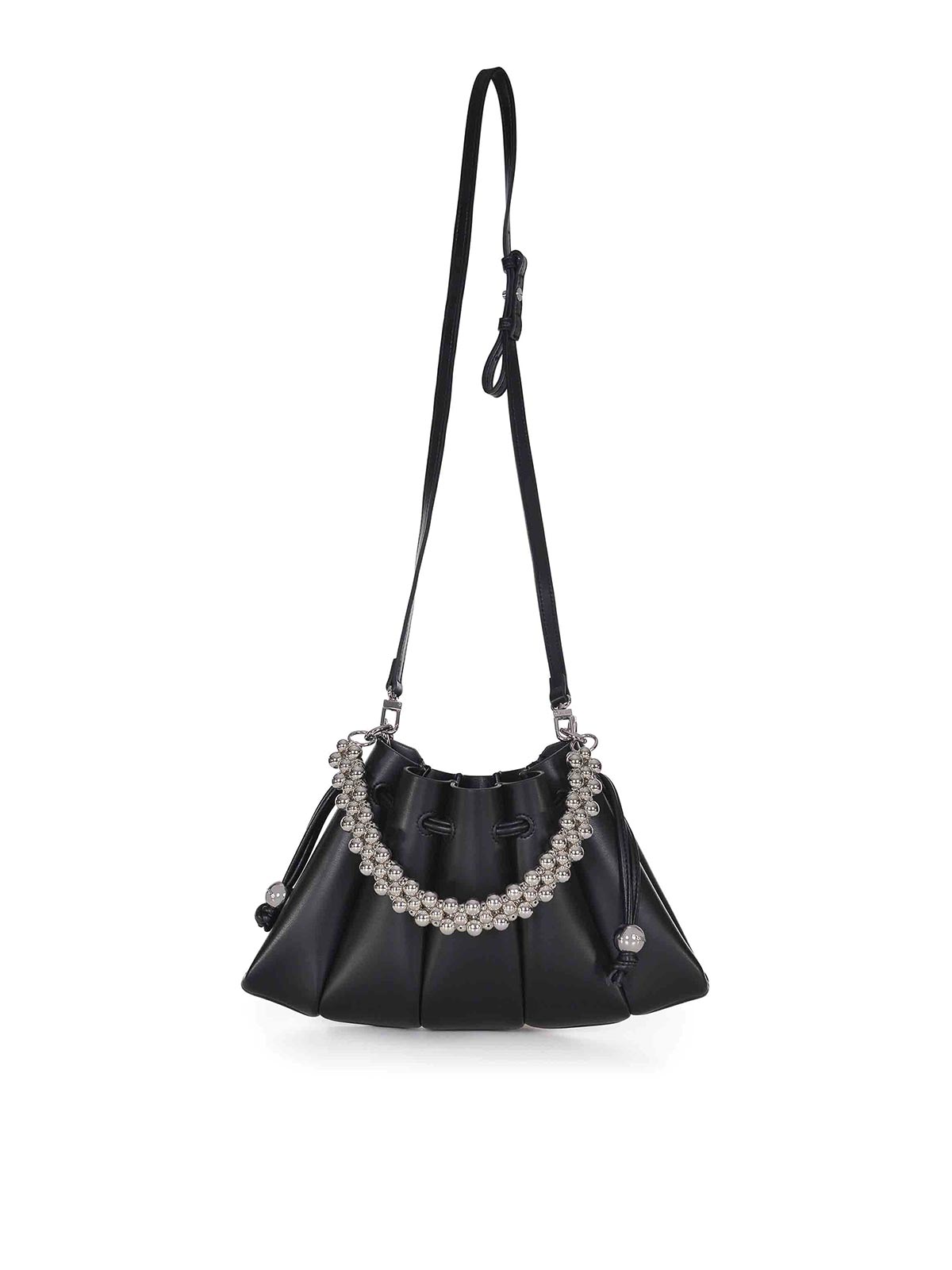 Themoirè Beaded-handle Pleated Shoulder Bag In Black