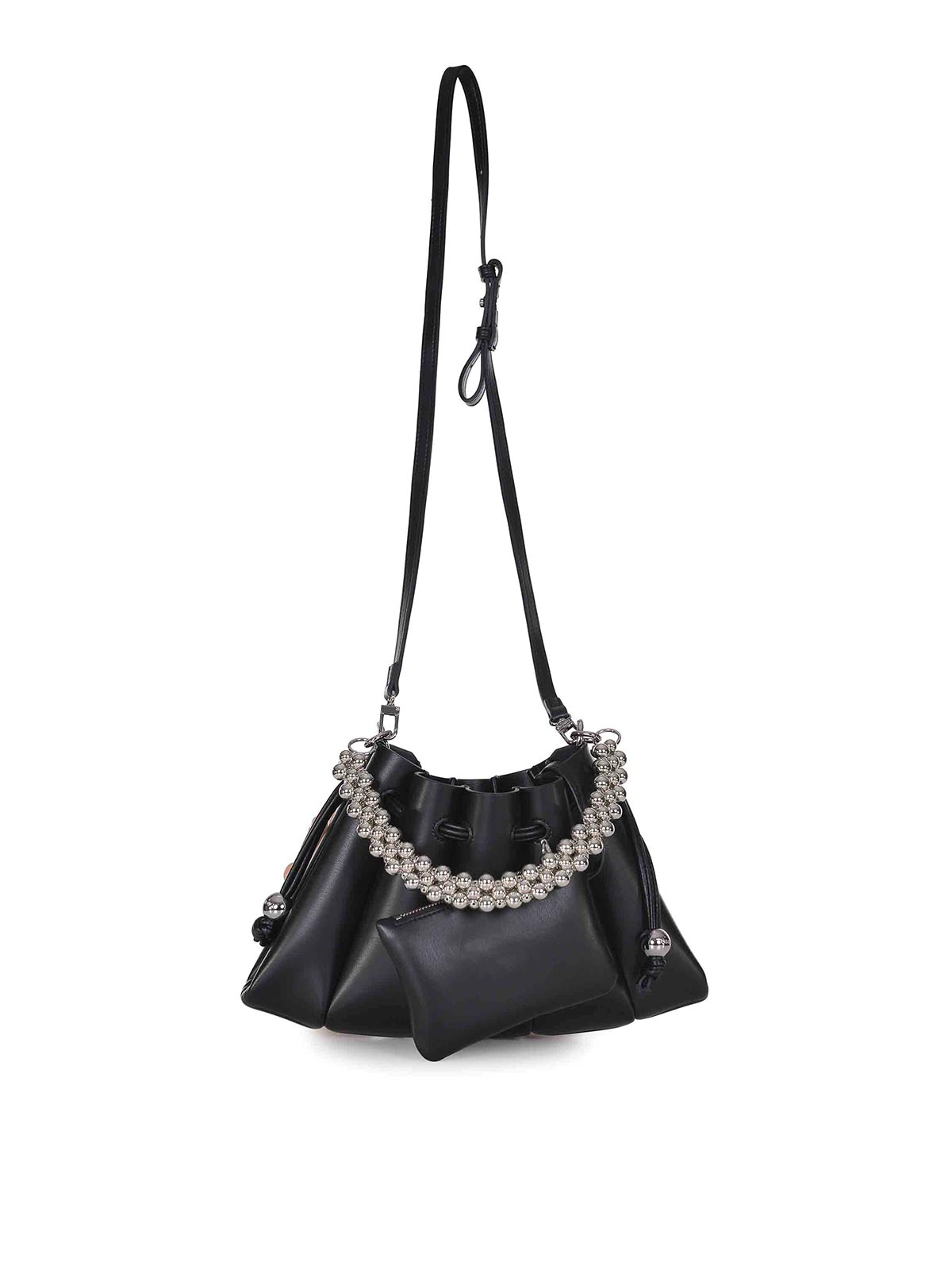 Themoirè Beaded-handle Pleated Shoulder Bag In Black
