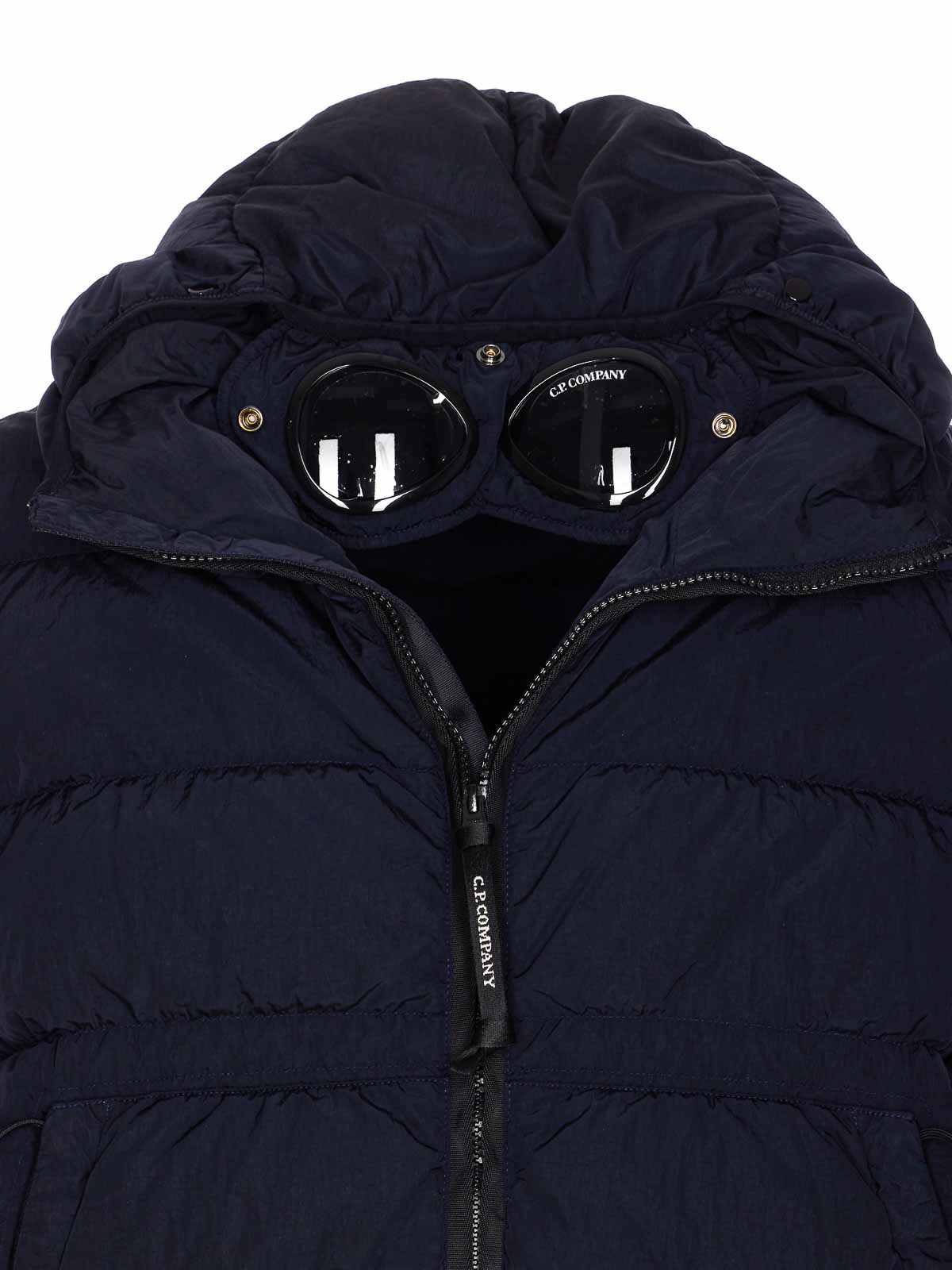 C.p. Company Blue Down Jacket With Fixed Hood And Logo Plaque On The Sleeve In Tech Fabric Man In Blue