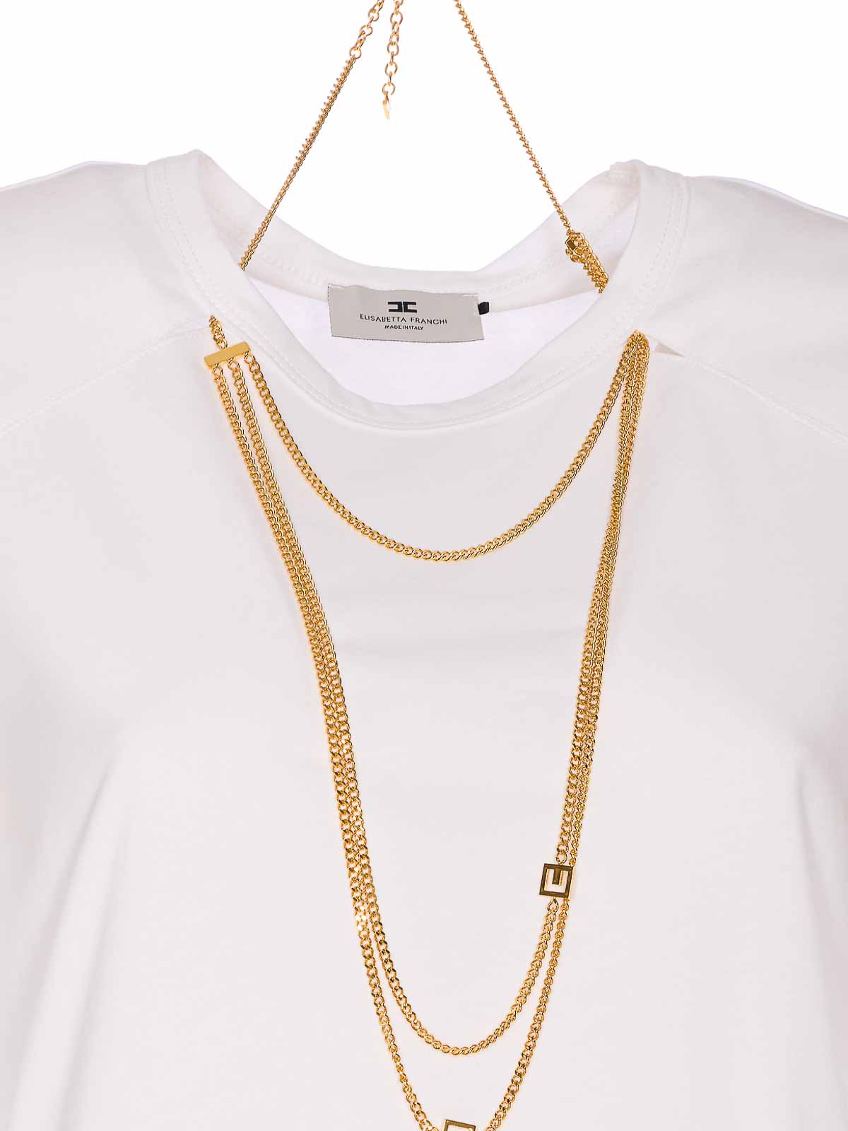 Elisabetta Franchi Logo T-shirt With Gold Chain Detail In White