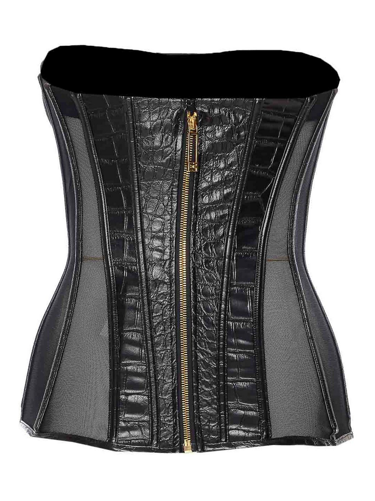 Elisabetta Franchi Bustier Top With Crocodile Texture And Sheer Panels In Black