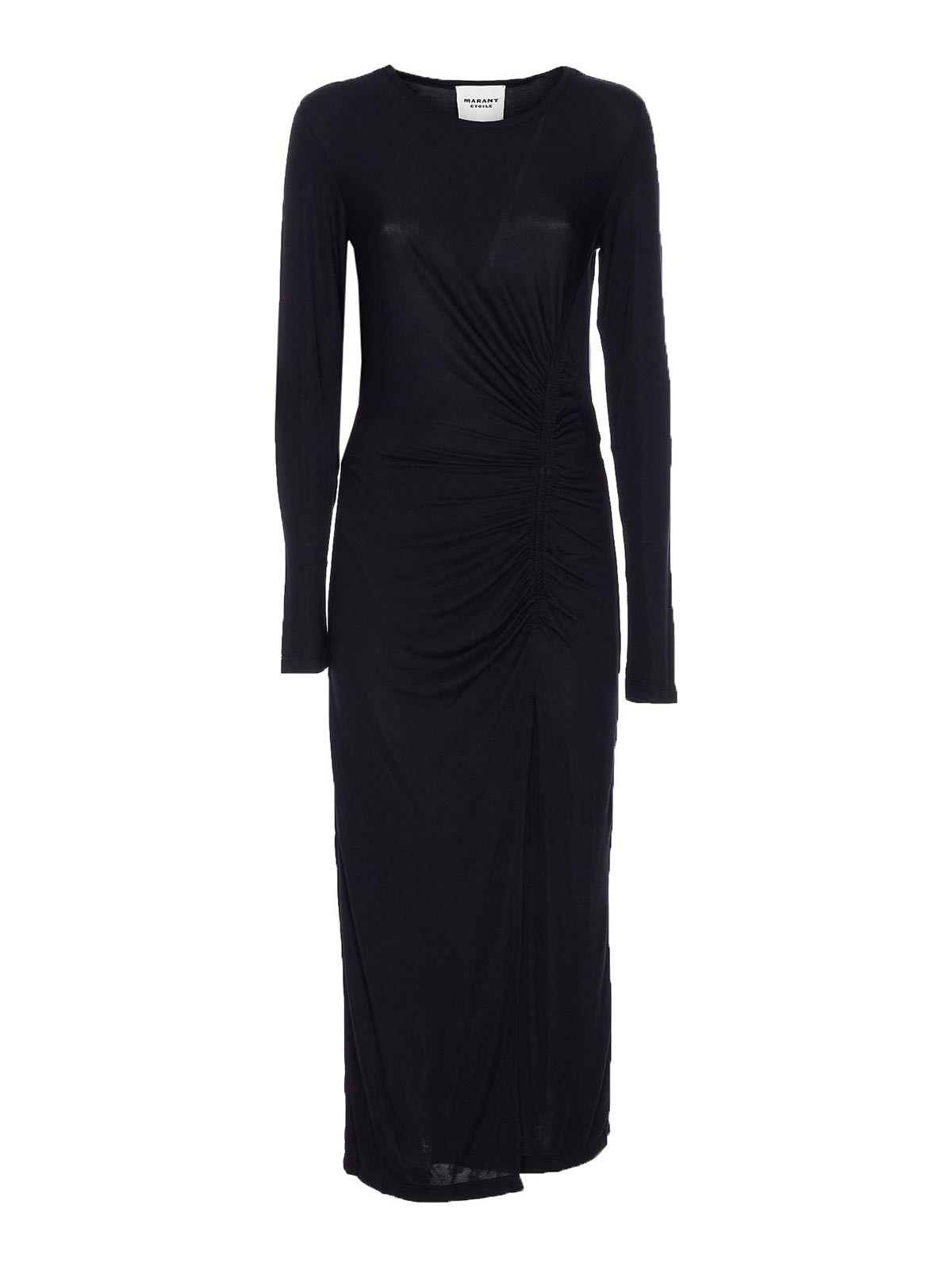 Isabel Marant Étoile Crewneck Long Sleeve Midi Dress With Ruched Detailing In Black