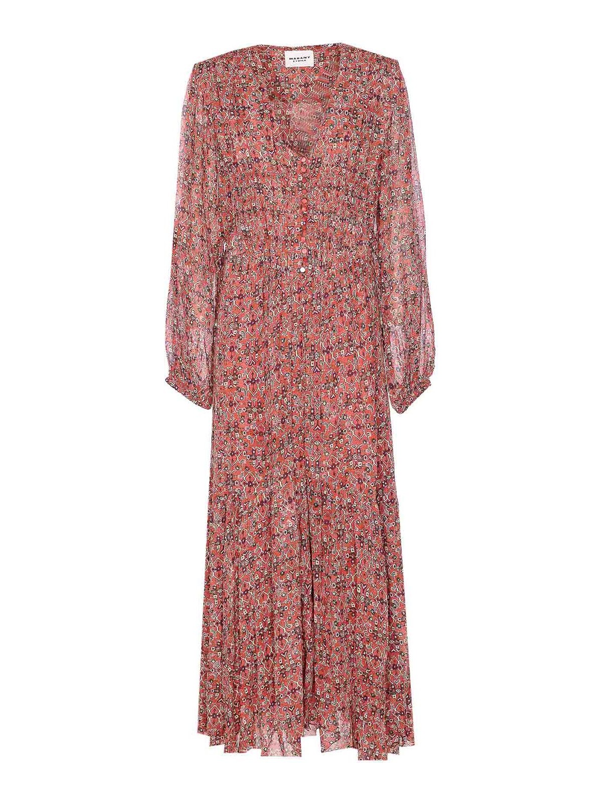 Isabel Marant Étoile Printed Button Detail Drawstring Flounced Lightweight V-neck Dress In Pink