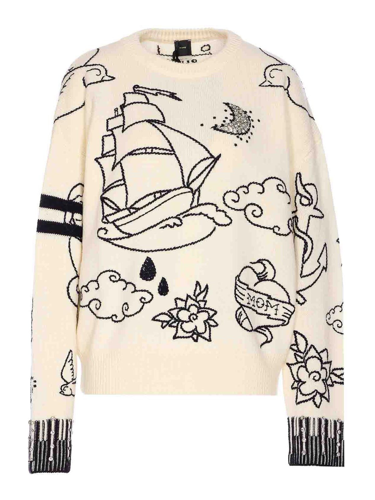 Pinko Patterned Crew-neck Sweater In White