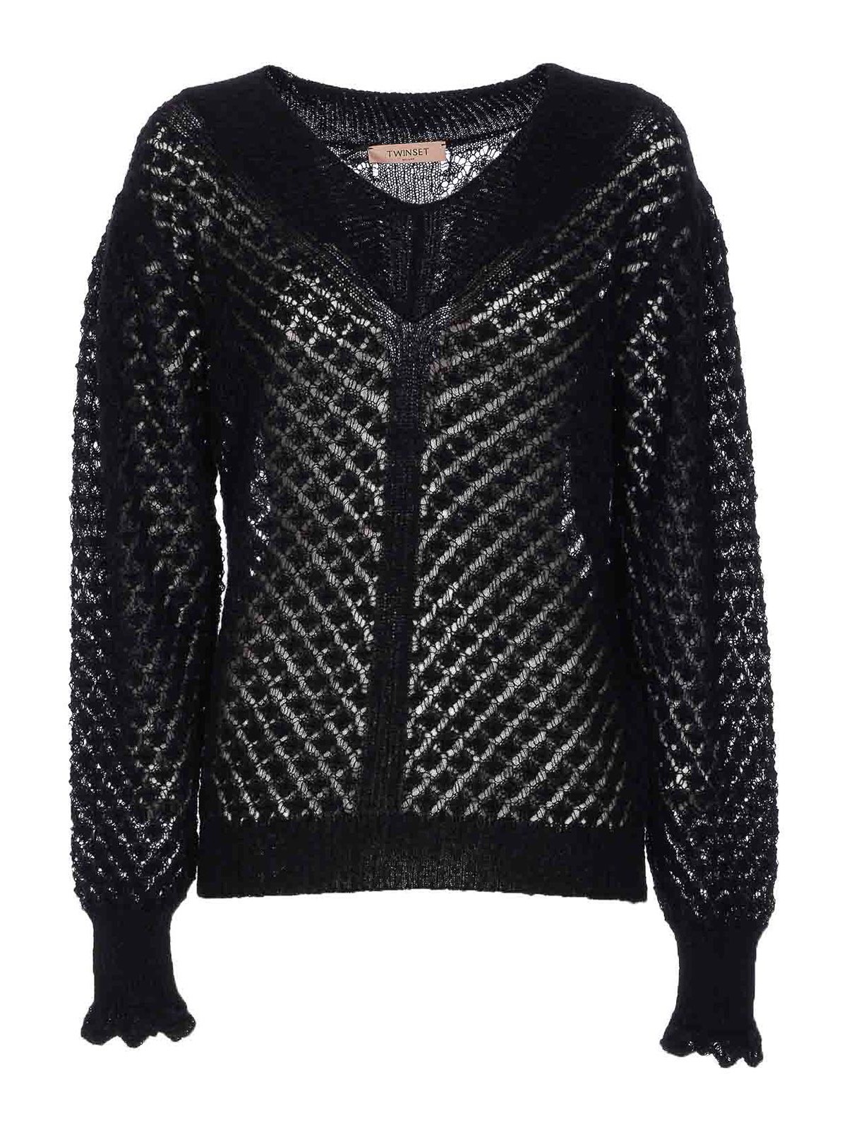 Twinset Open-knit Ruffled-cuff Sweater In Black