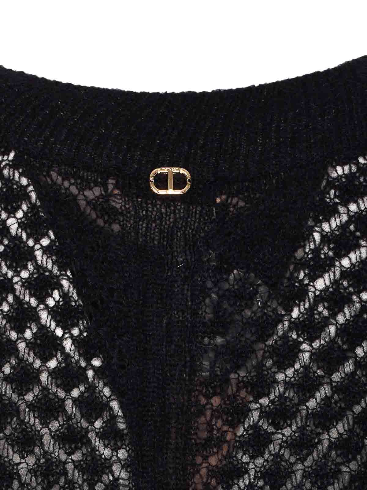 Twinset Open-knit Ruffled-cuff Sweater In Black