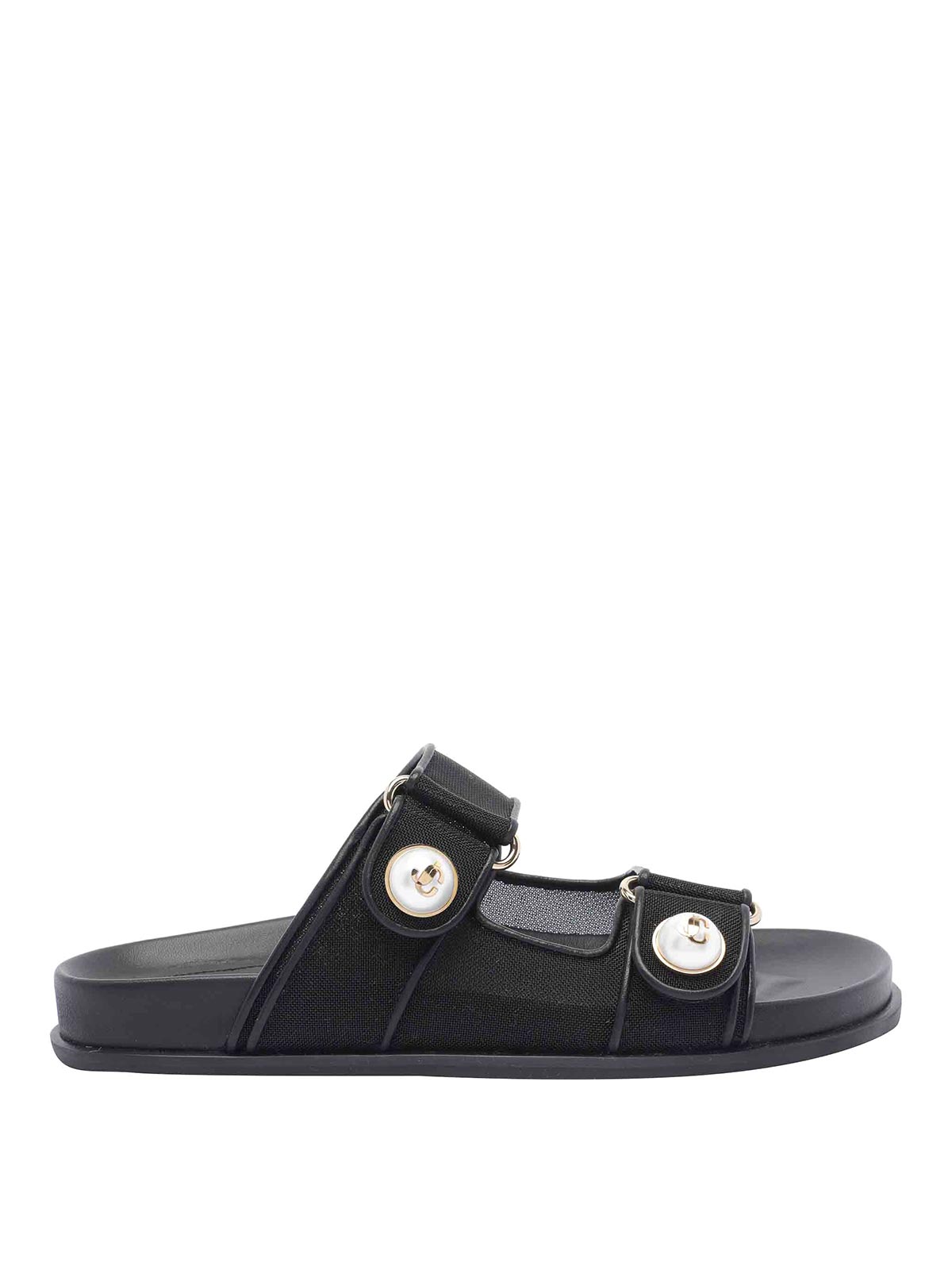 Jimmy Choo Fayence Leather-trimmed Faux Pearl-embellished Mesh Slides In Black