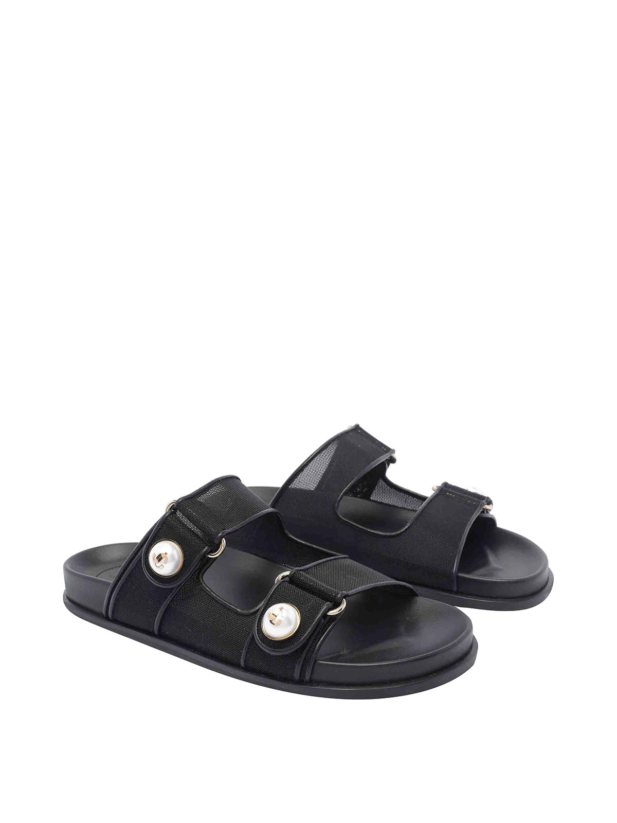 Jimmy Choo Fayence Leather-trimmed Faux Pearl-embellished Mesh Slides In Black