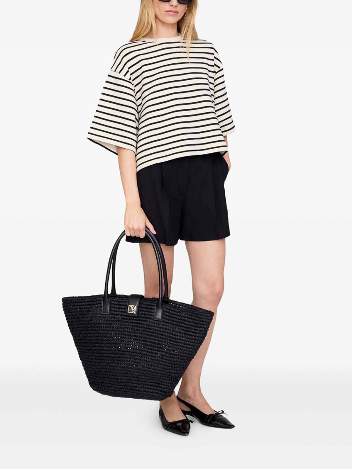 Anine Bing Womens Lou Monogram Raffia Tote Bag Black In Black