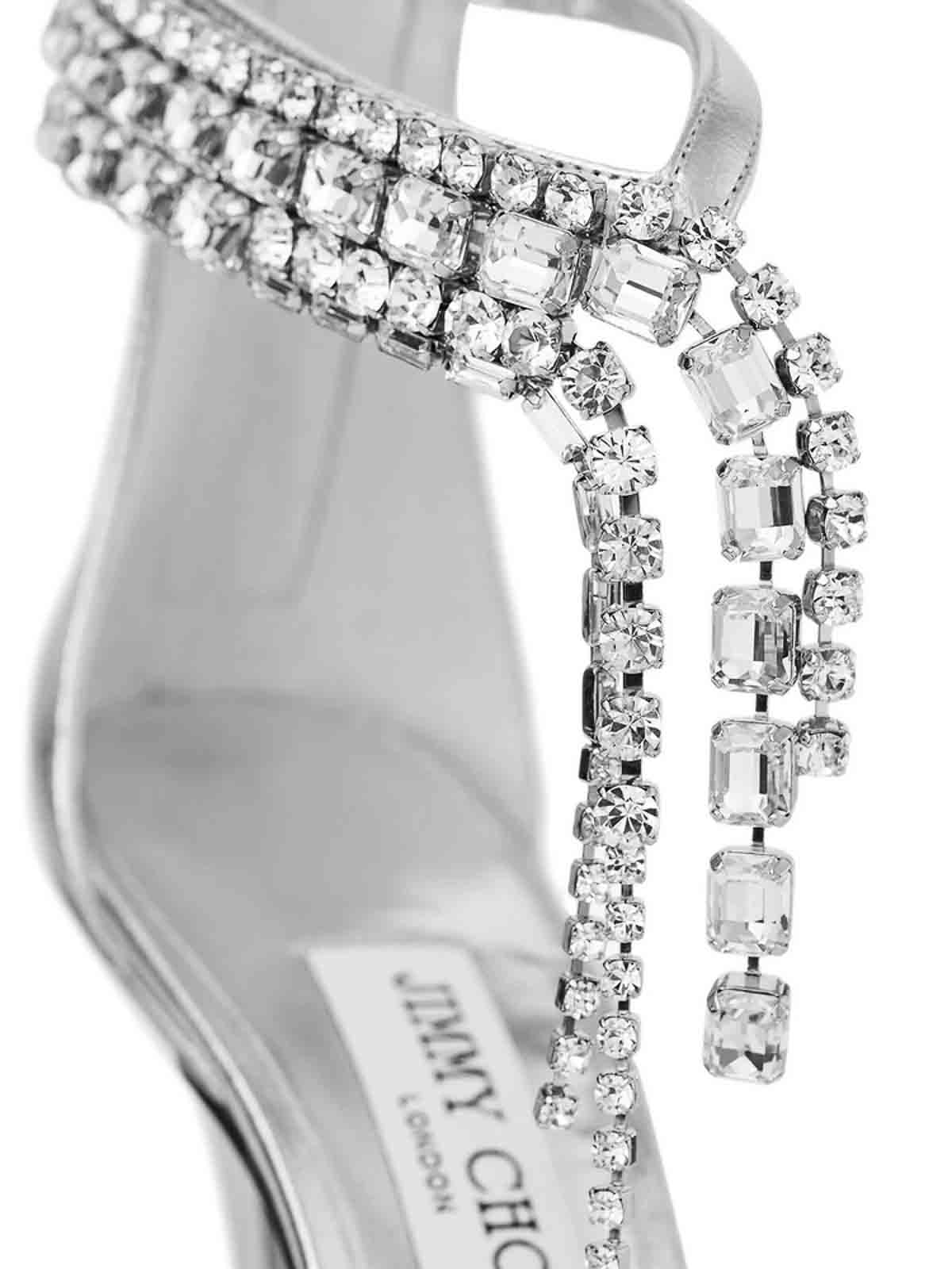 Jimmy Choo Verity Metallic Sandals With High Stiletto Heel In Leather And Crystal Woman In Silver