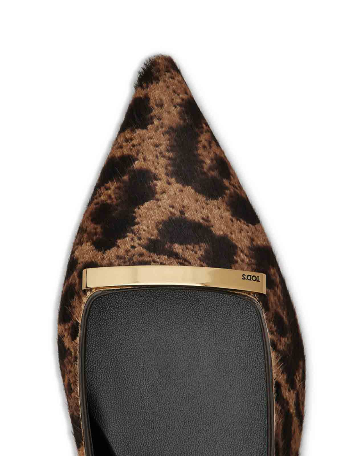 Tod's Embellished Leopard-print Calf Hair Slingback Flats In Brown