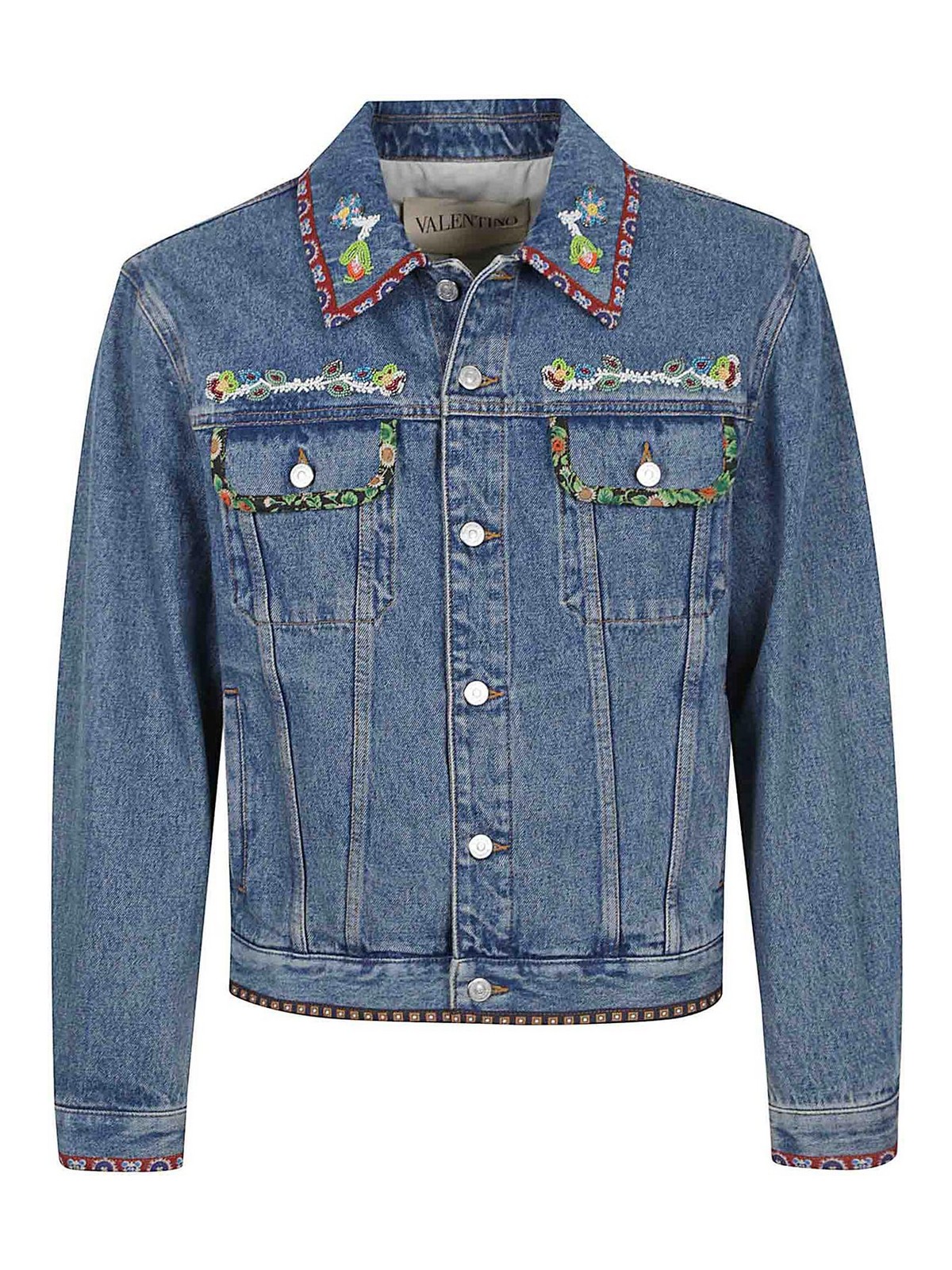 Valentino Garavani Men Beaded Embroidery And Printed Edges Denim Jacket In Blue