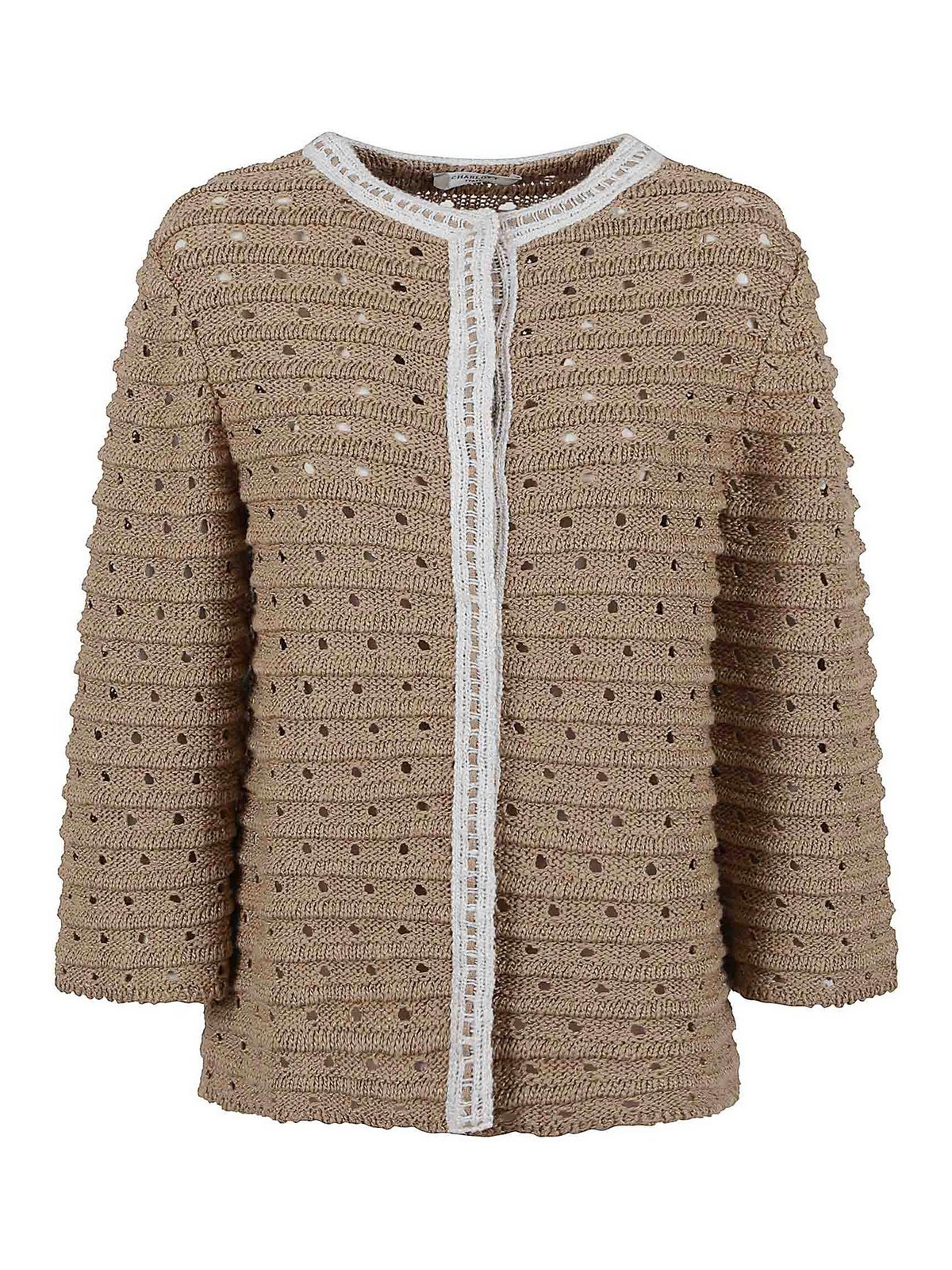 Charlott Textured Knit Jacket With Round Neckline In Brown