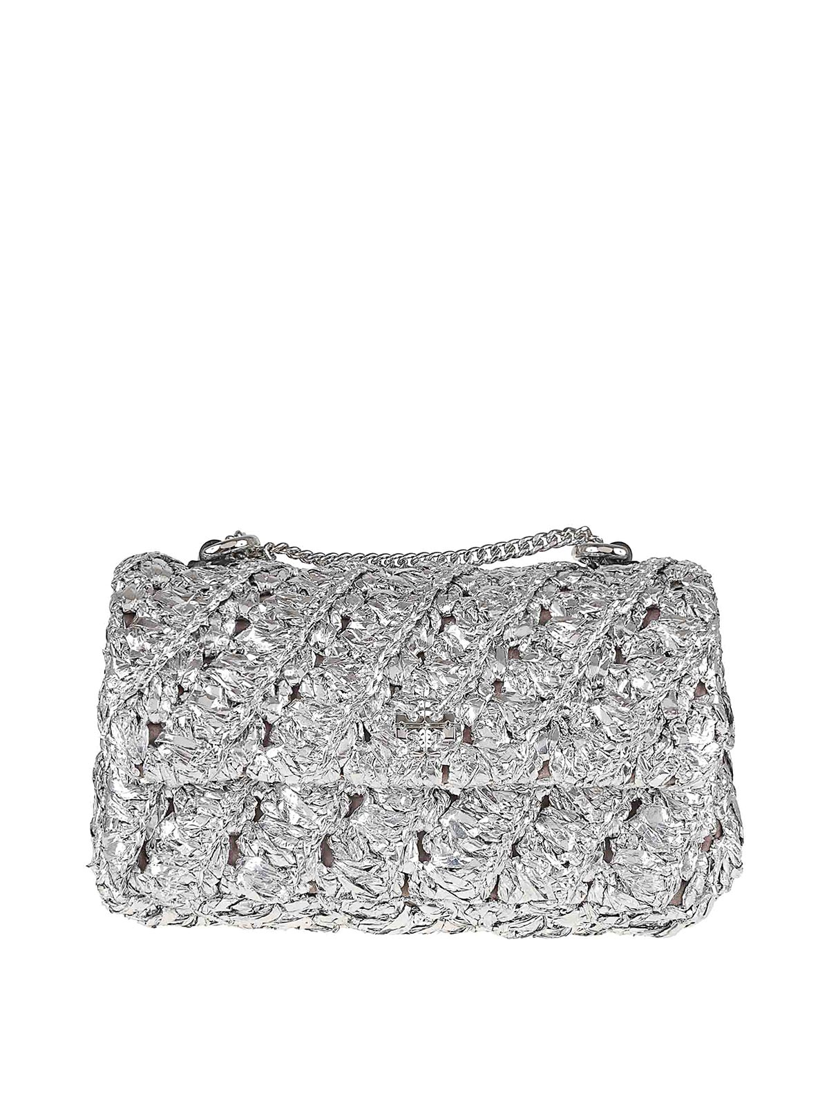 Tory Burch Kira Woven Mini Flap Bag In Silver