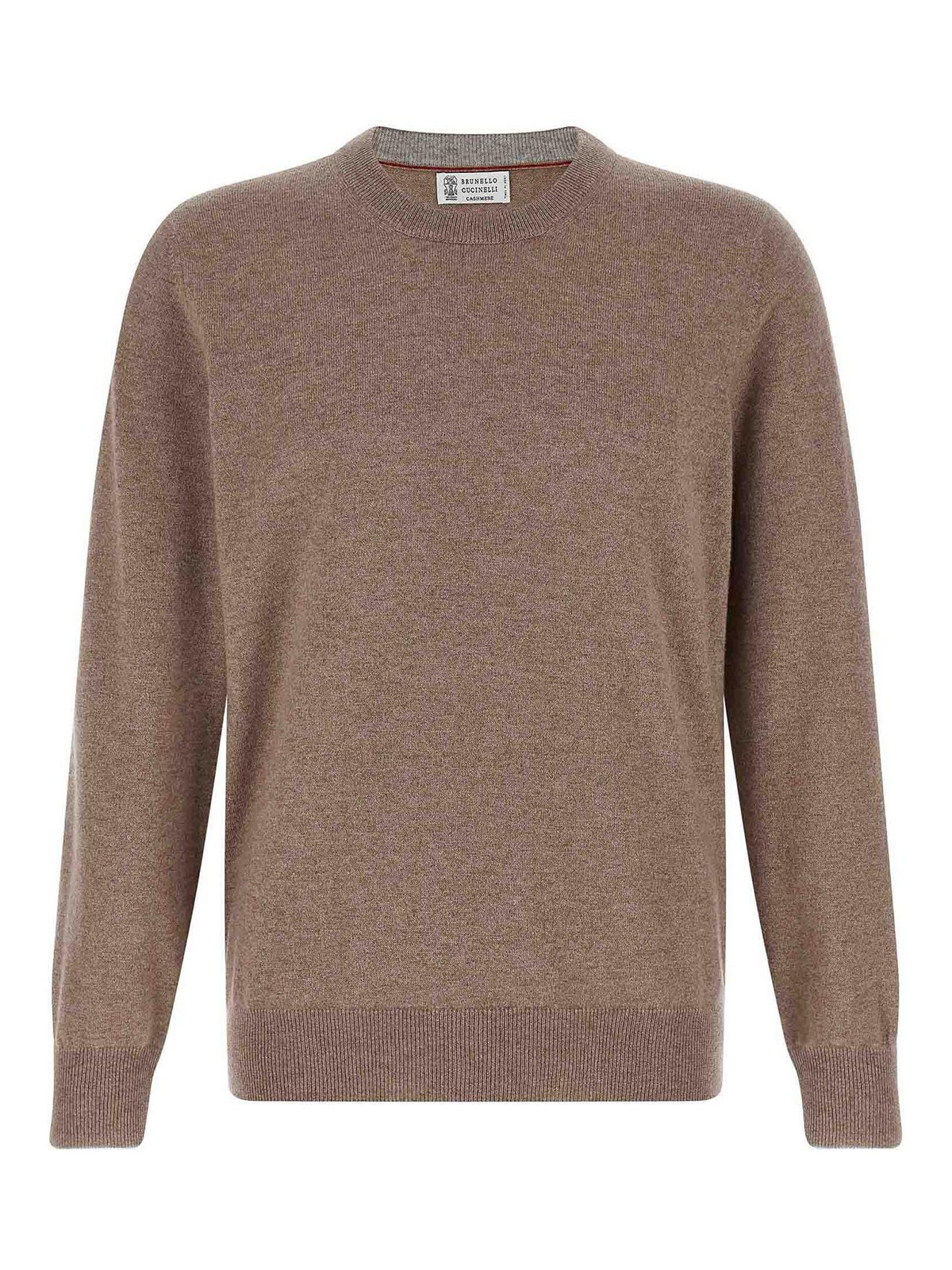 Brunello Cucinelli Cashmere Crew Neck Sweater With Ribbed Cuffs And Hem In Brown