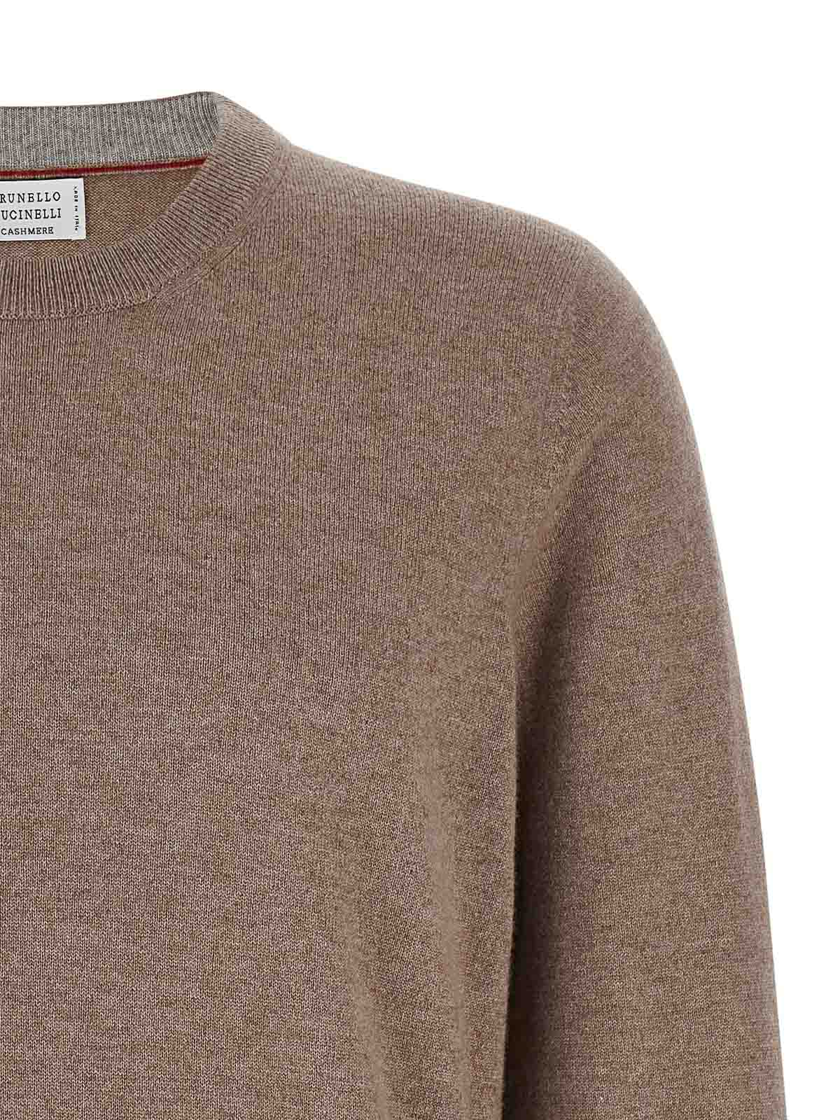 Brunello Cucinelli Cashmere Crew Neck Sweater With Ribbed Cuffs And Hem In Brown