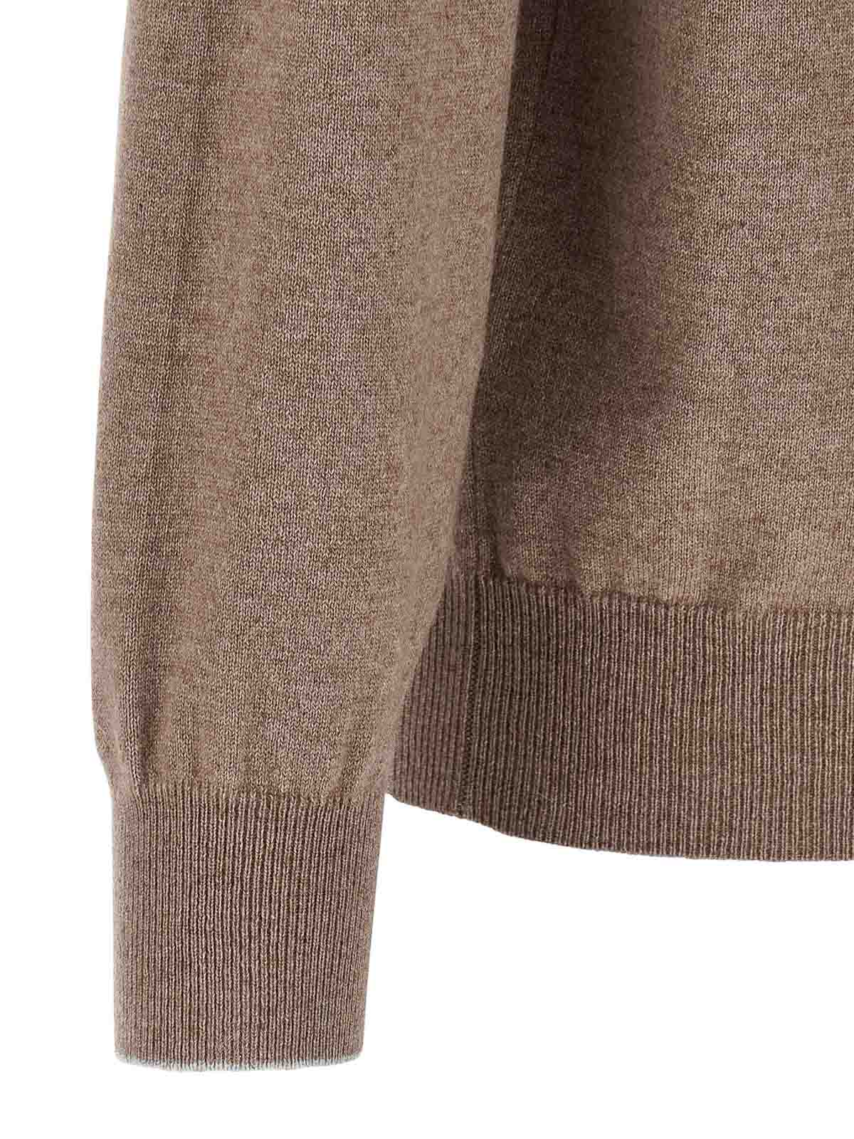 Brunello Cucinelli Cashmere Crew Neck Sweater With Ribbed Cuffs And Hem In Brown