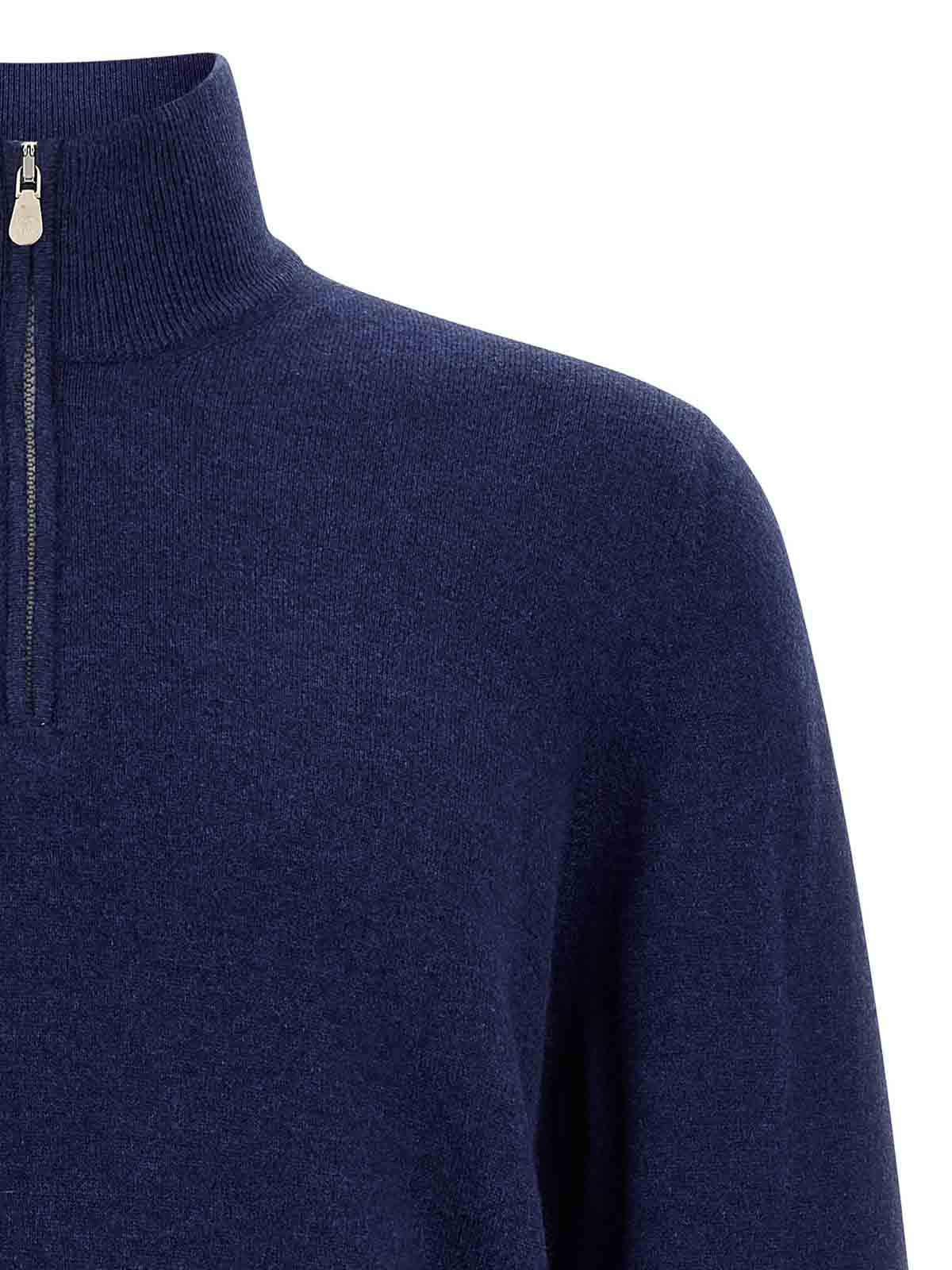 Brunello Cucinelli Half-zip High Collar Sweater In Blue
