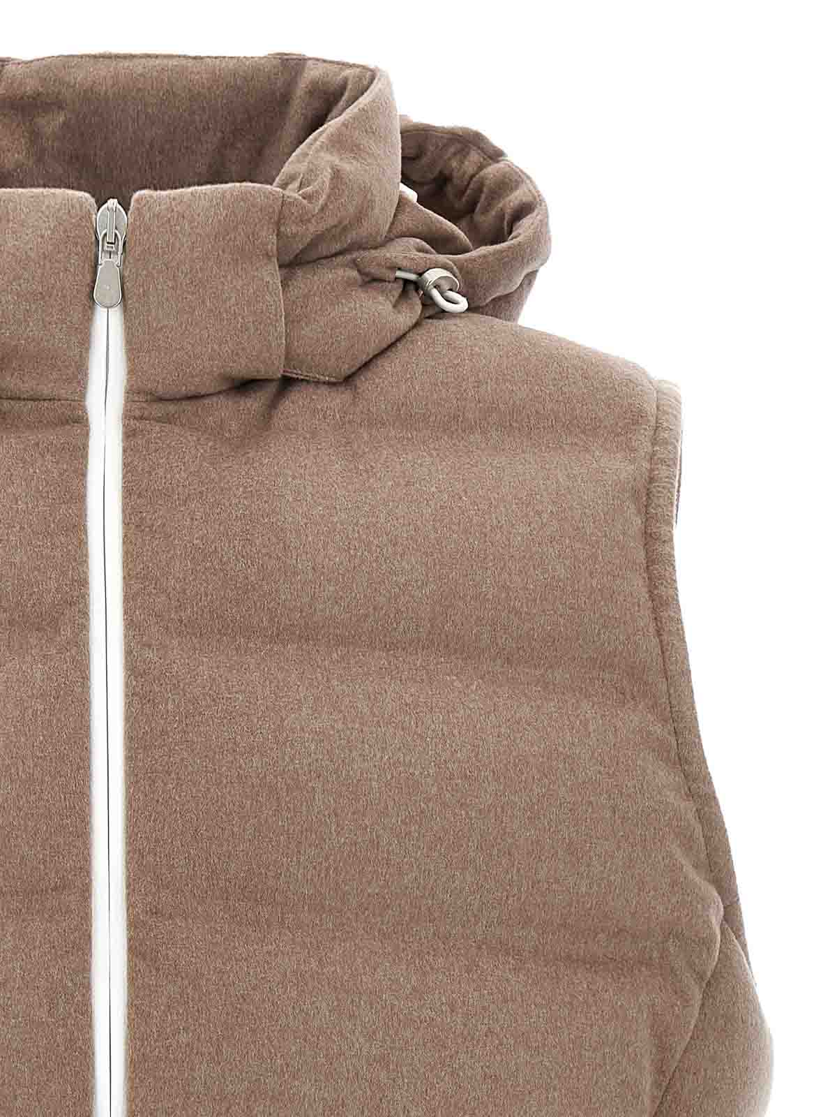 Brunello Cucinelli Wool Vest With Hood And Side Pockets In Brown