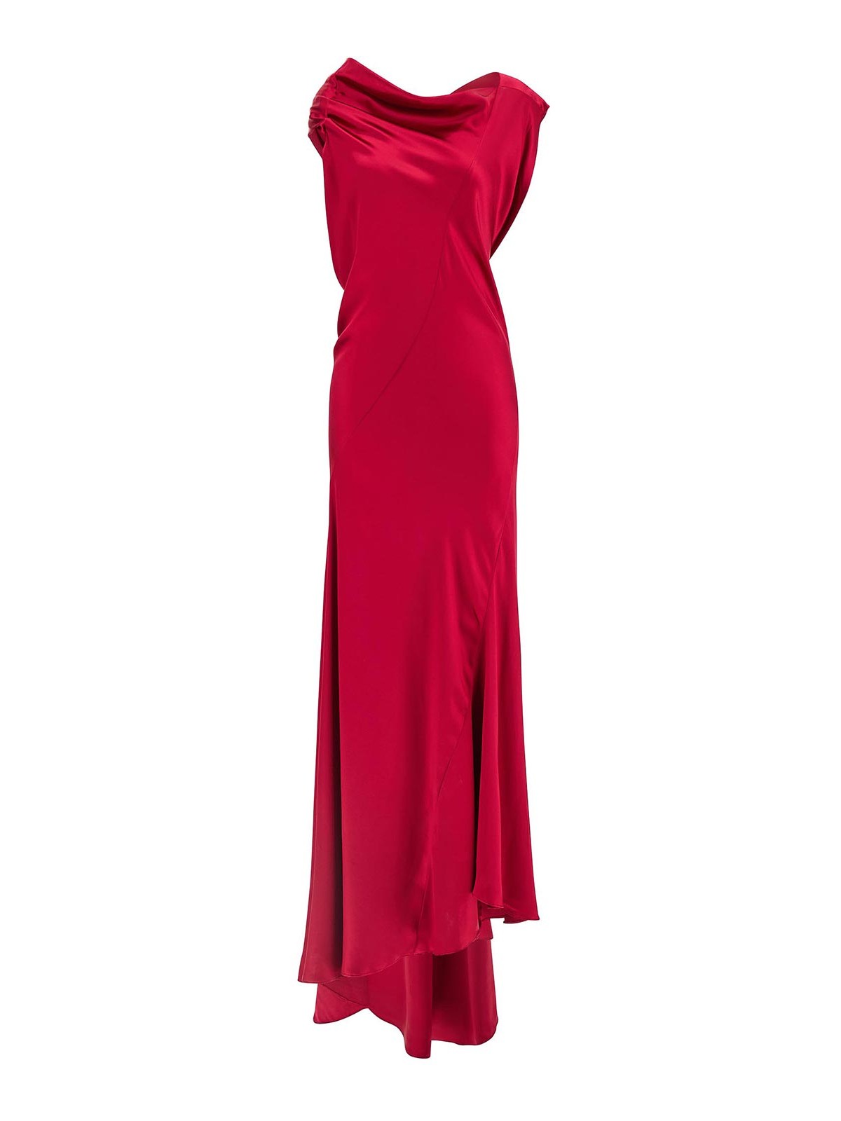 Alberta Ferretti Satin Draped Floor-length Dress With Asymmetric Neckline In Red