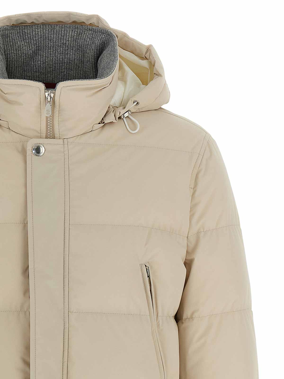 Brunello Cucinelli Knit Insert Down Jacket Puffer Jackets Beige In Sand