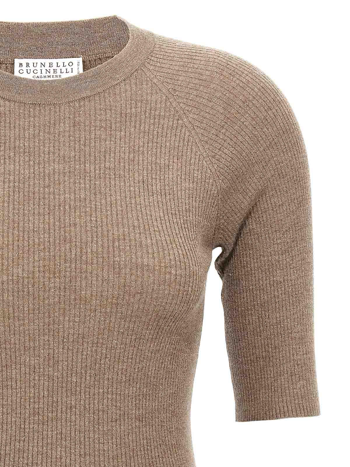 Brunello Cucinelli Shimmering Ribbed Crew Neck T-shirt In Brown