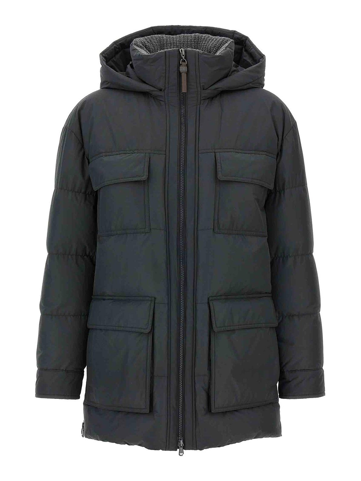 Brunello Cucinelli Knitted Neck Down Jacket In Gray