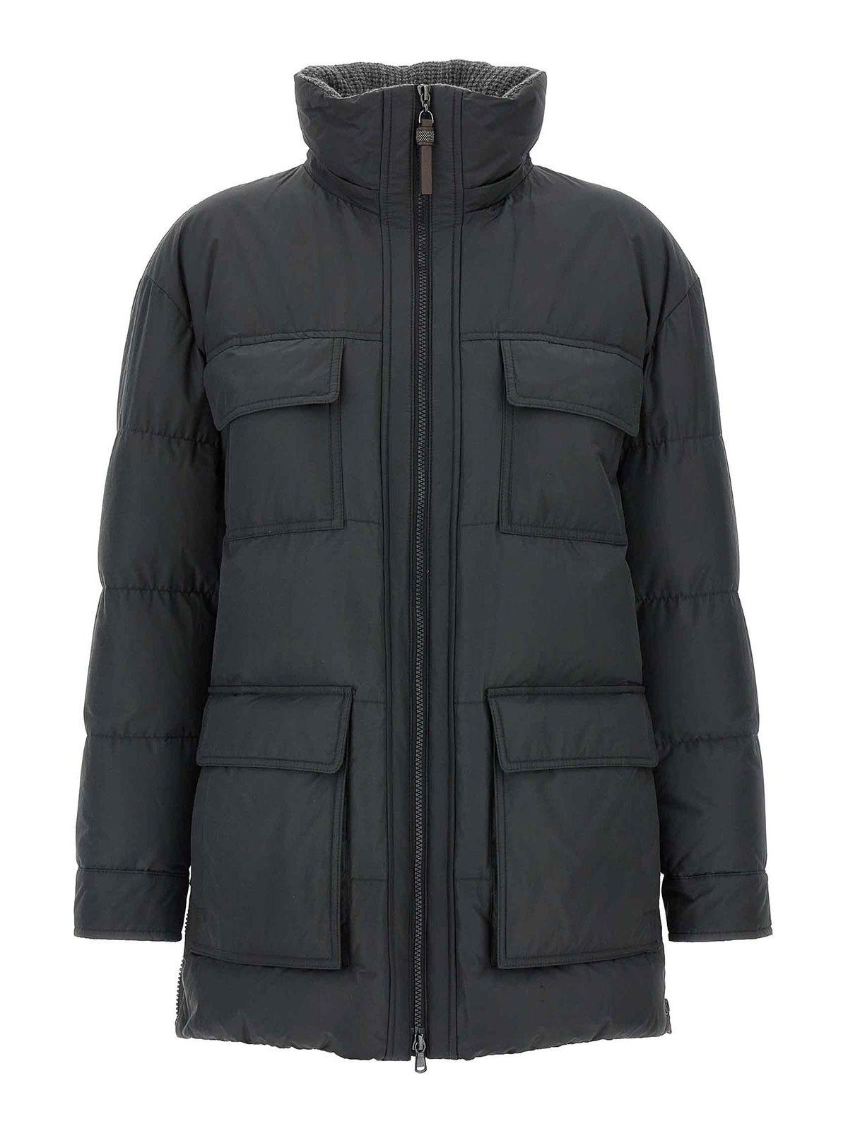 Brunello Cucinelli Knitted Neck Down Jacket In Gray
