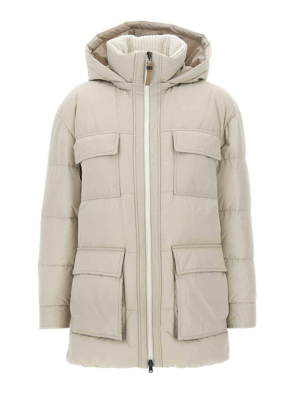 Brunello Cucinelli Knitted Neck Down Jacket In Sand