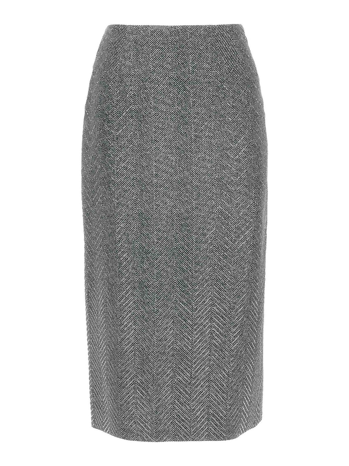 Ermanno Scervino Rhinestone-embellished Herringbone Silk Midi Skirt In Gray