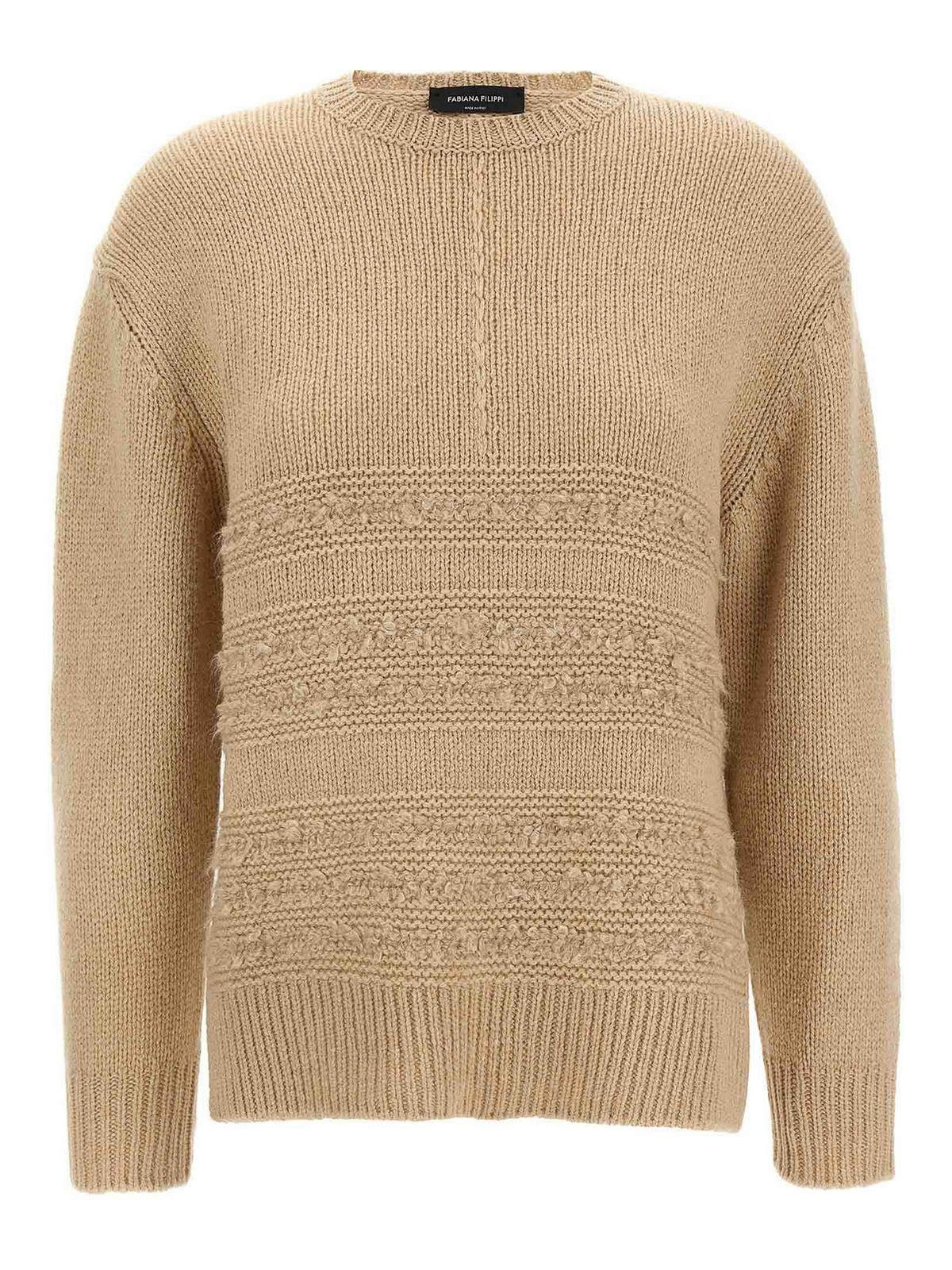 Fabiana Filippi Crew Neck Knit Sweater With Textured Insert In Neutral