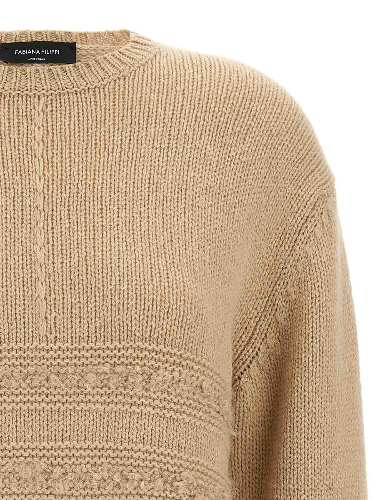 Fabiana Filippi Crew Neck Knit Sweater With Textured Insert In Neutral