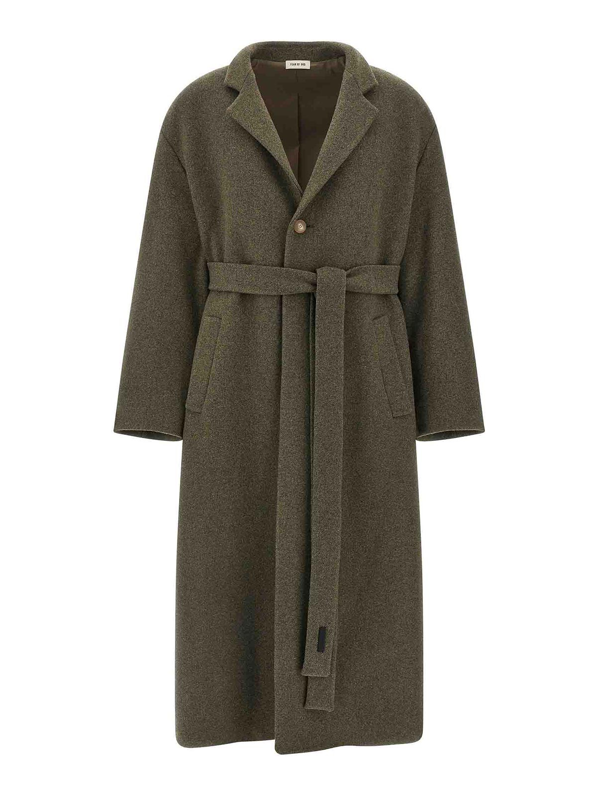 Fear Of God Long Length Belted Coat With Back Vent In Green