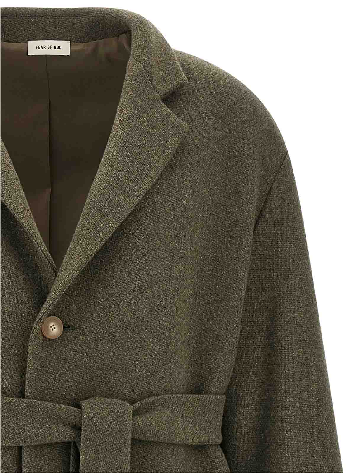 Fear Of God Long Length Belted Coat With Back Vent In Green