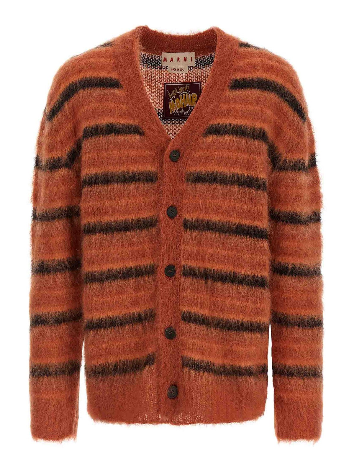 Marni Striped V-neck Ribbed Cardigan With Long Sleeves In Orange