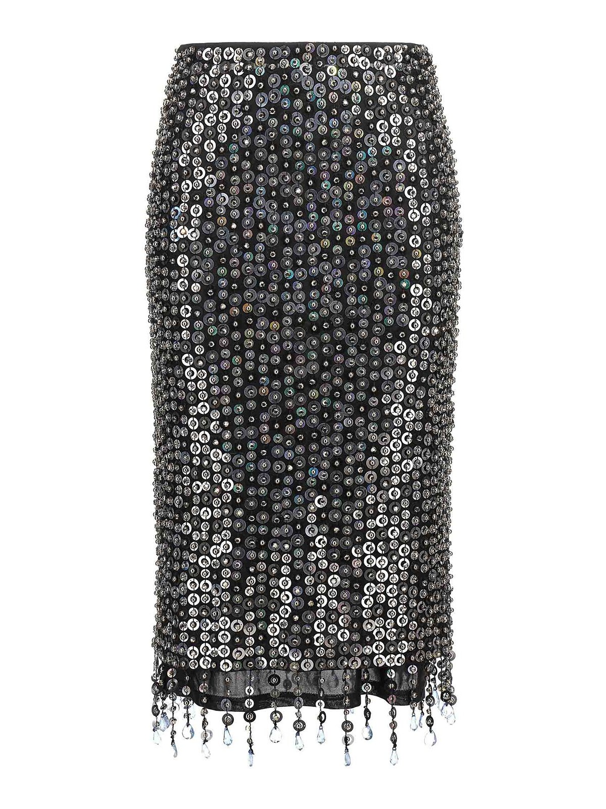 Pinko Fringed Black Sequined Midi Skirt With Removable Underskirt In Blue