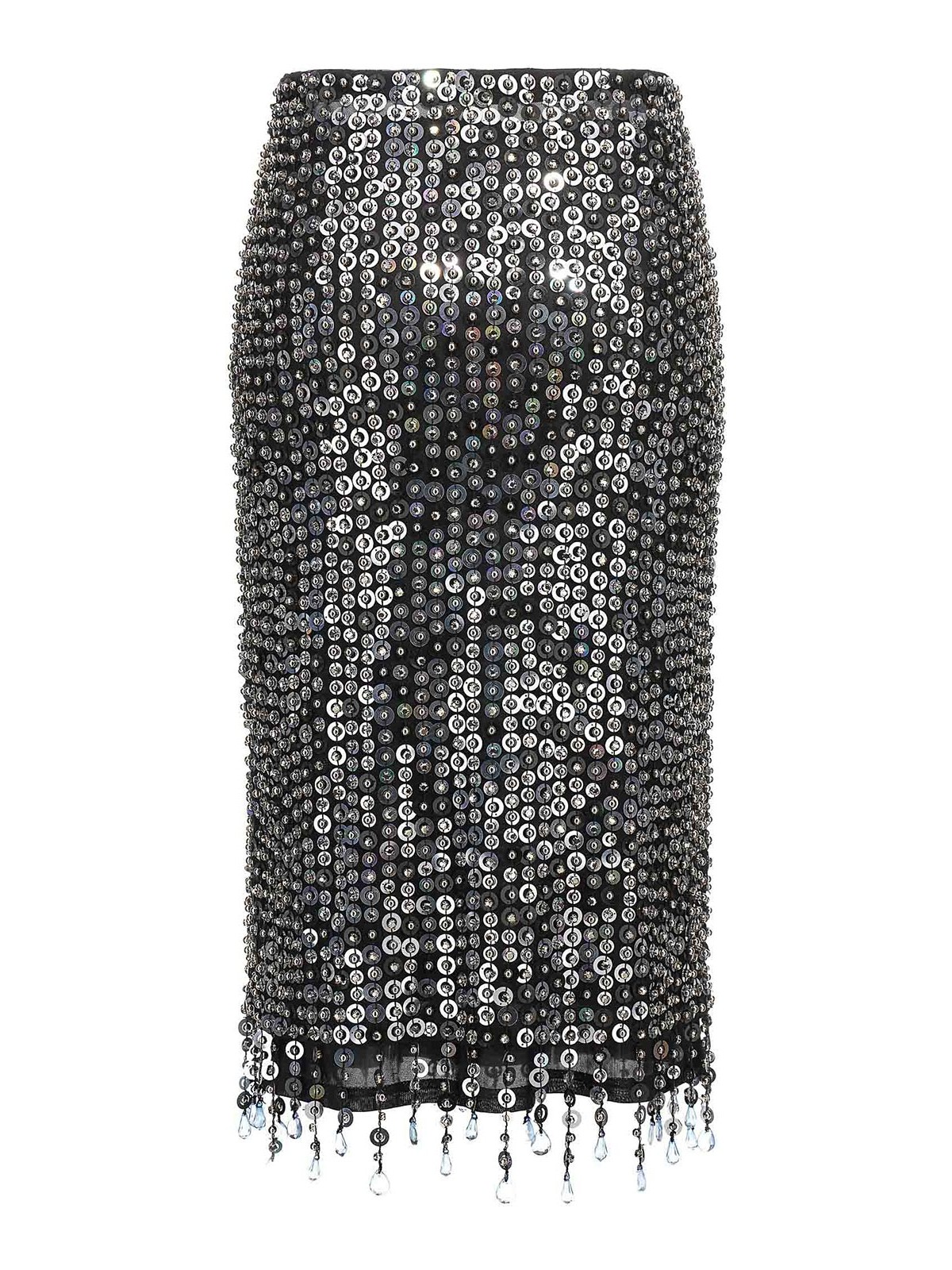 Pinko Fringed Black Sequined Midi Skirt With Removable Underskirt In Blue