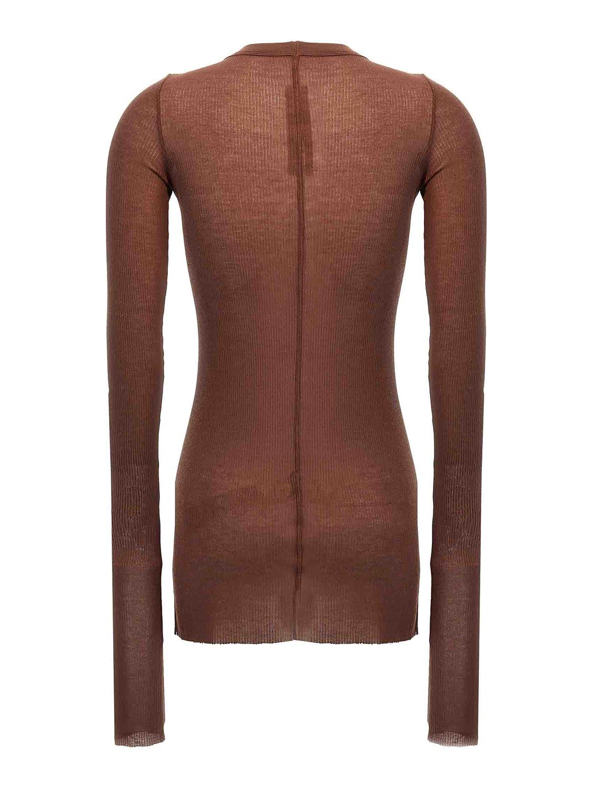 Rick Owens Ribbed Crew Neck Sheer Long Sleeve Top In Brown