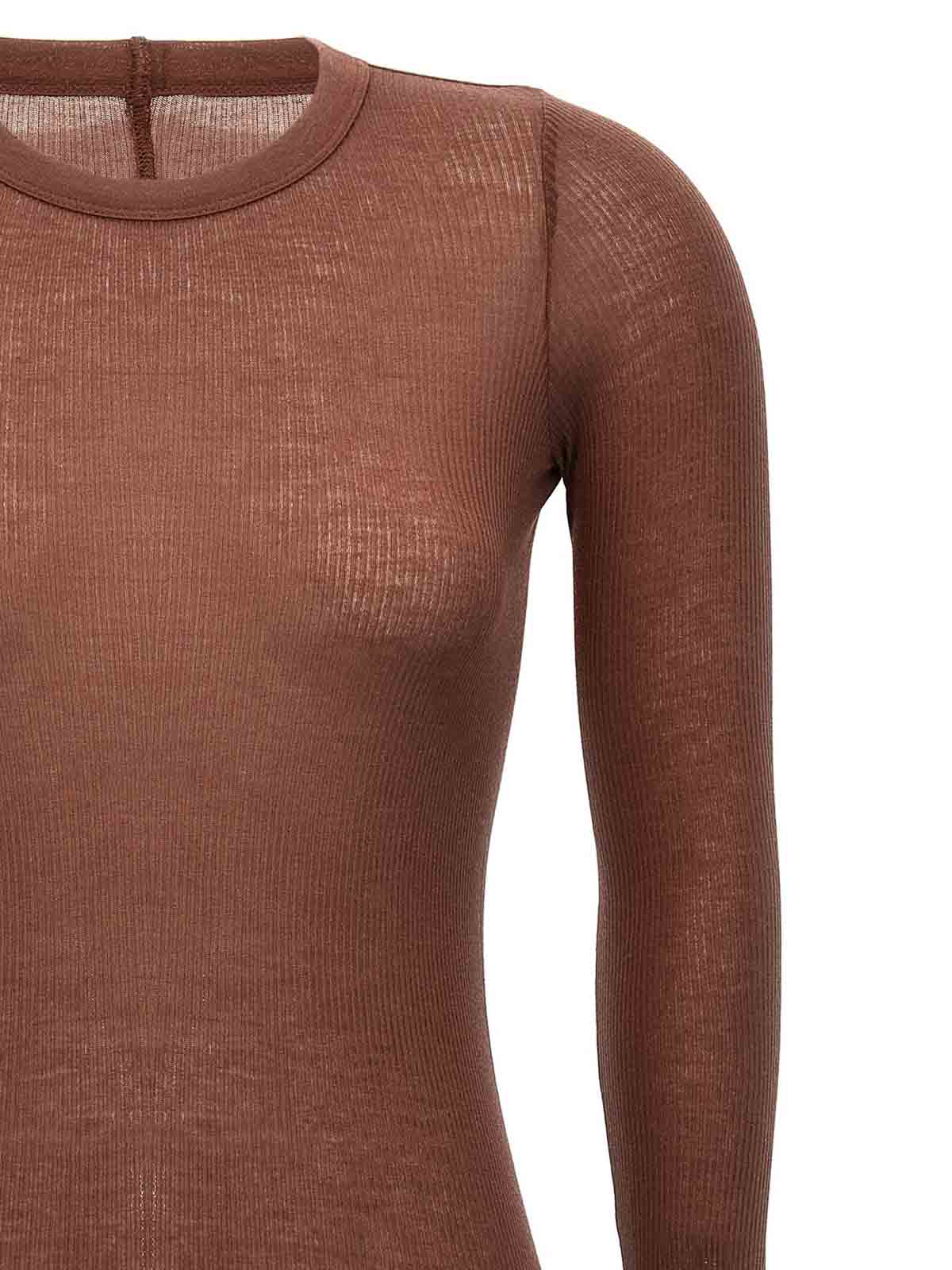 Rick Owens Ribbed Crew Neck Sheer Long Sleeve Top In Brown