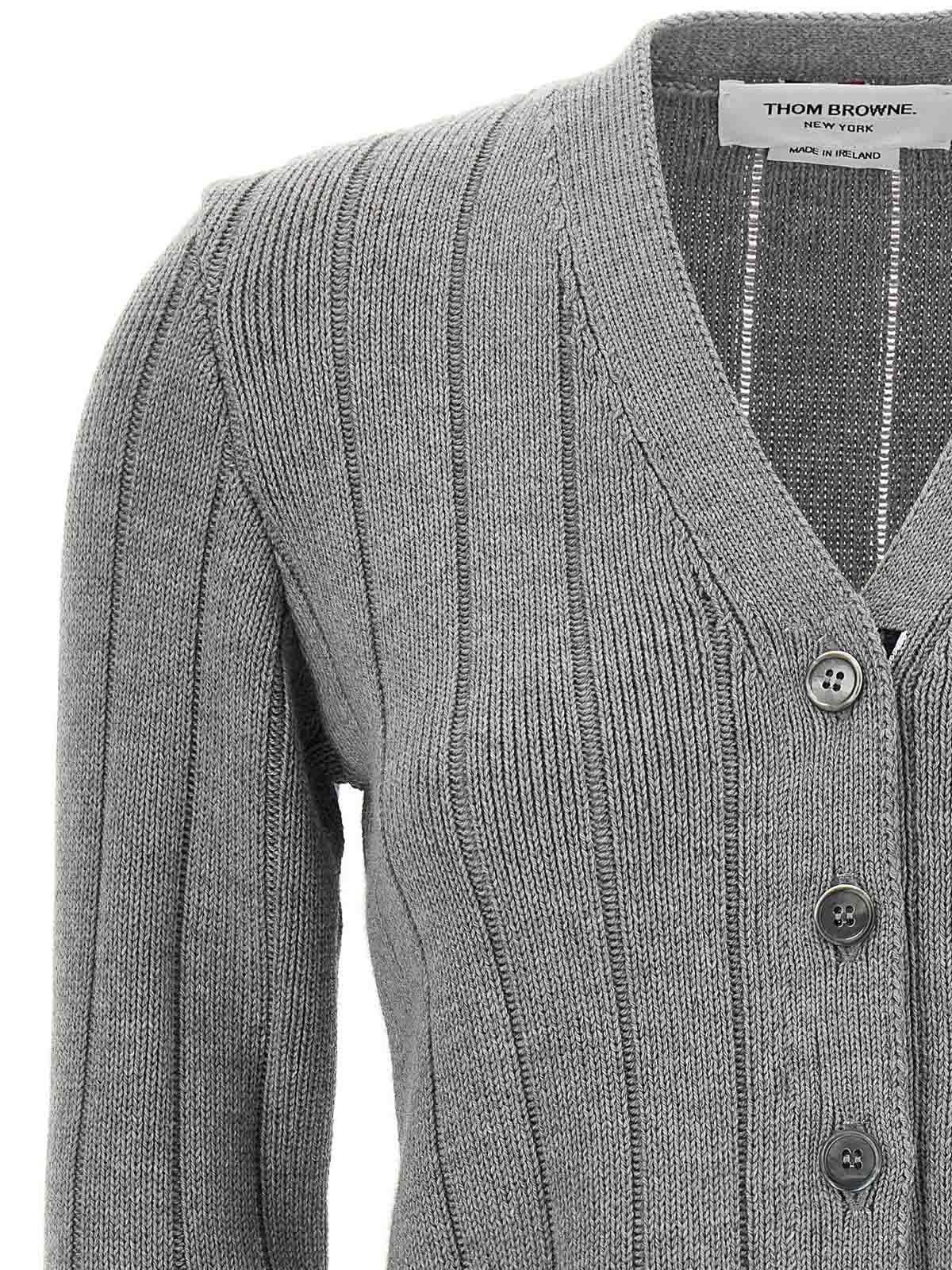 Thom Browne Ladder Full Needle Rib Stitch V Neck Car In Gray