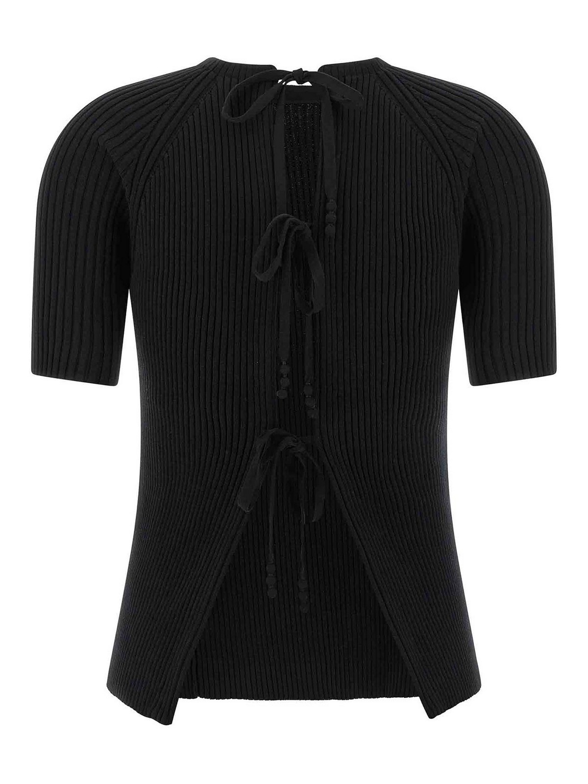 Tory Burch Ribbed Short-sleeve Pullover With Ties And Open Back In Black