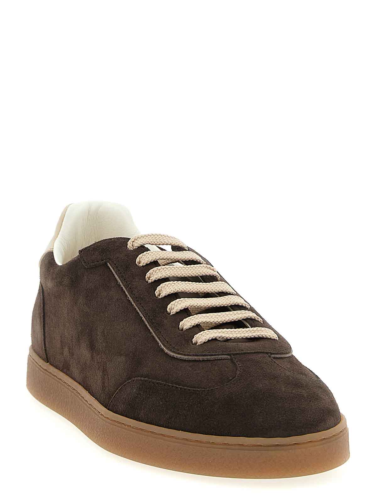 Brunello Cucinelli Suede Low-top Sneakers Contrast Detail In Brown