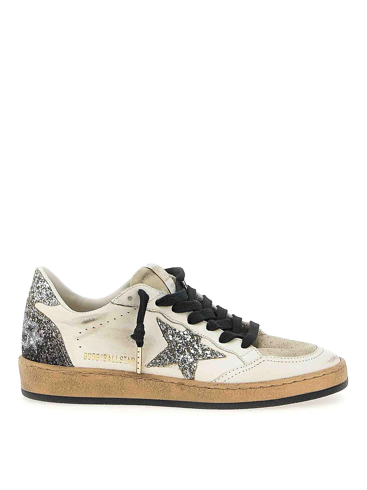 Golden Goose Ballstar White Low Top Sneakers With Glittered Star Patch On The Side And Glittered Heel With Logo L In Multi