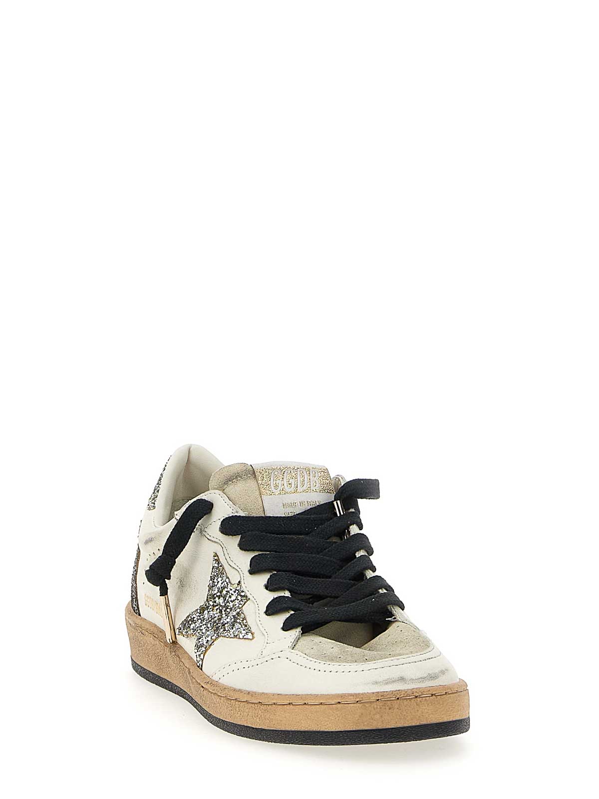 Golden Goose Ballstar White Low Top Sneakers With Glittered Star Patch On The Side And Glittered Heel With Logo L In Multi